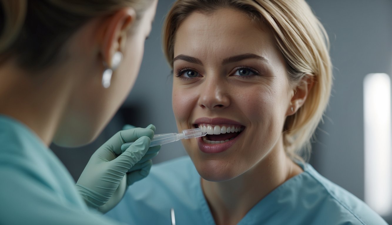 woman smiling with dental tool in mouth