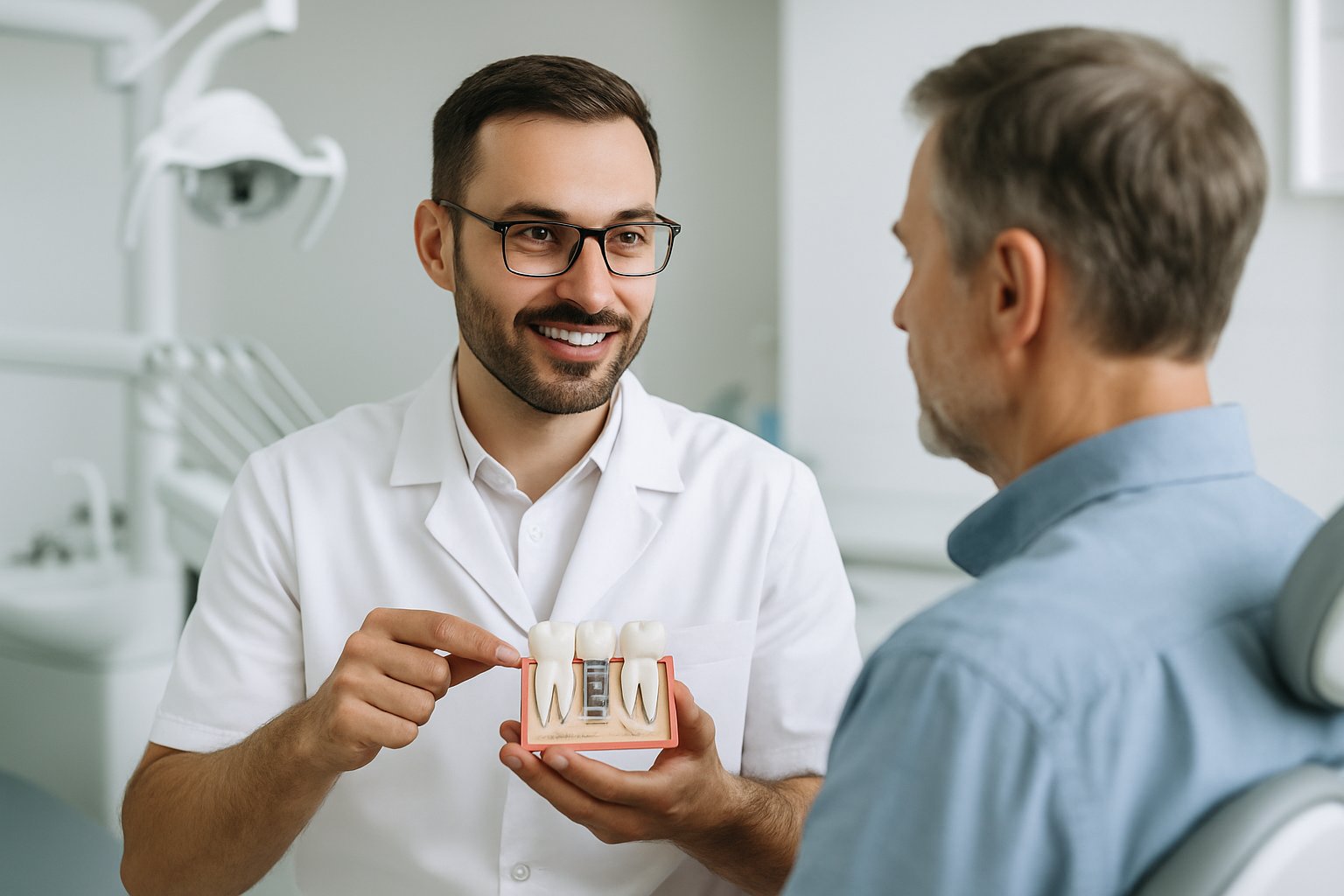 Dentist showing a dental implant model to a patient in a dental clinic.