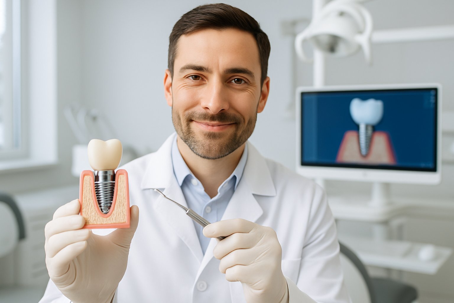 A dentist in a white coat holding a dental implant model and explaining it in a modern dental clinic.