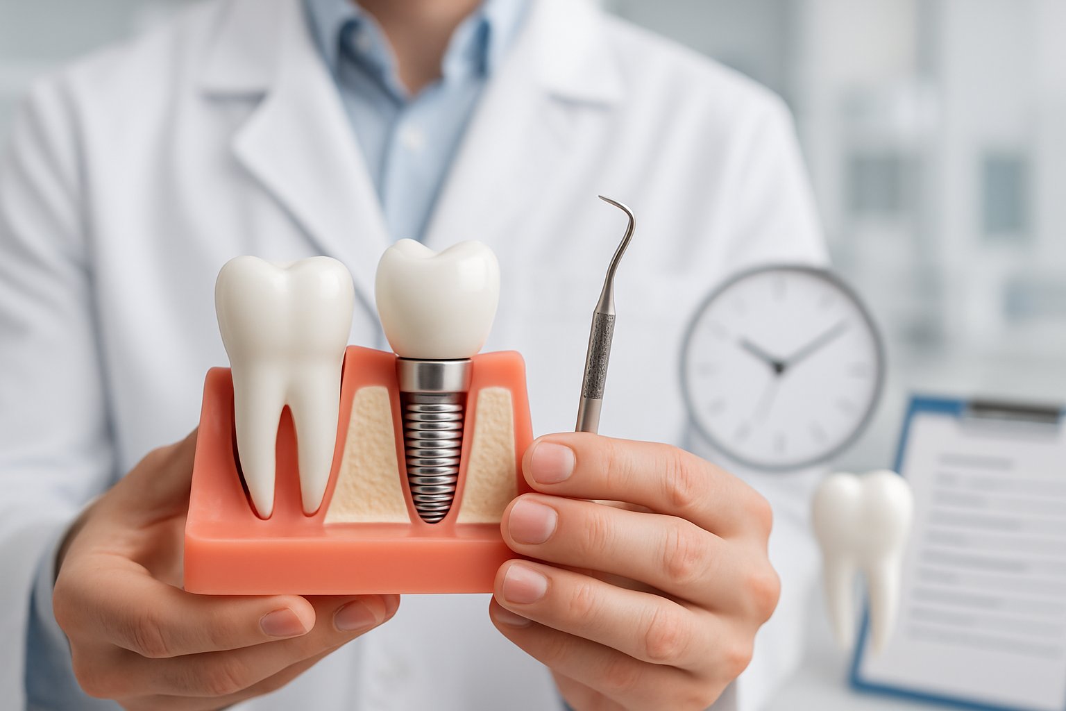 Close-up of a dentist's hands holding a dental implant model and tool in a dental clinic setting.