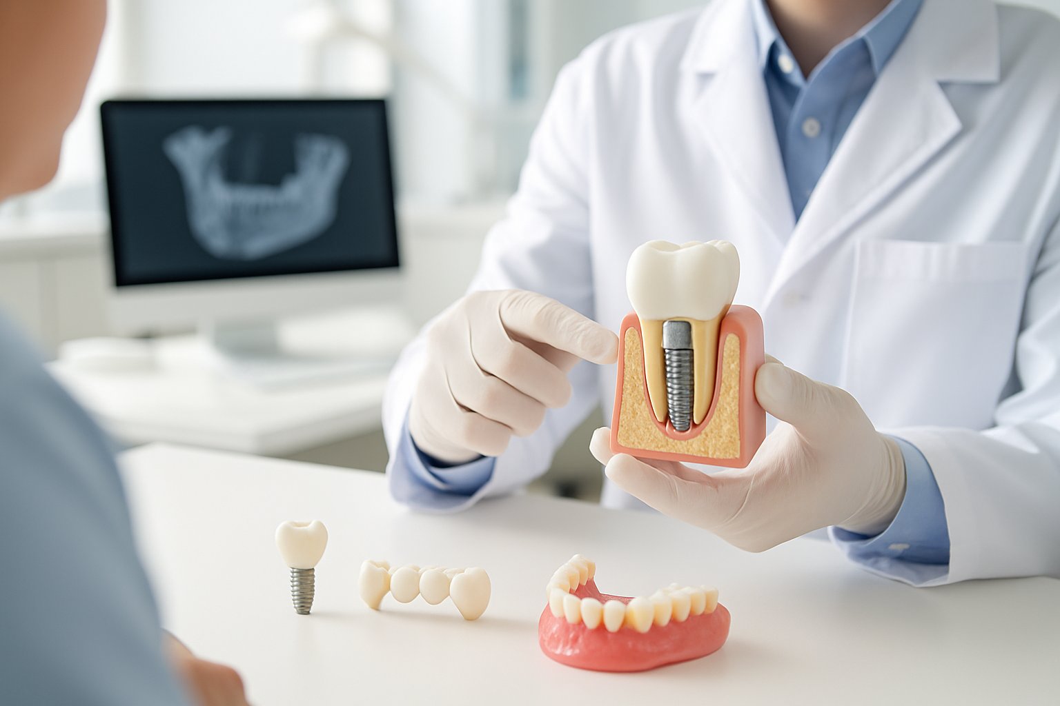 A dentist explaining dental implants and other tooth replacement options using models in a modern dental office.