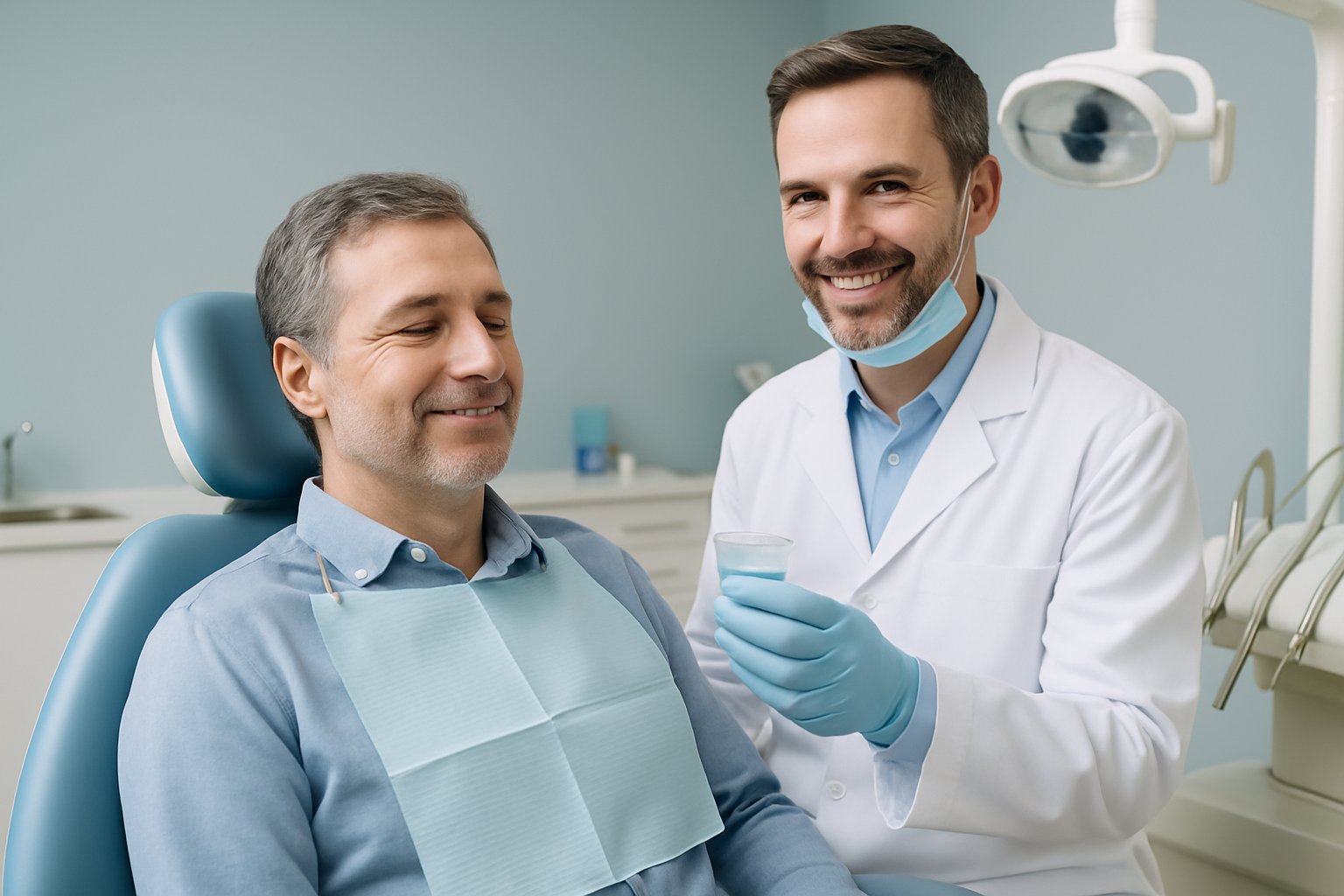 A patient sitting calmly in a dental chair with a dental professional standing beside them holding medication in a modern dental clinic.