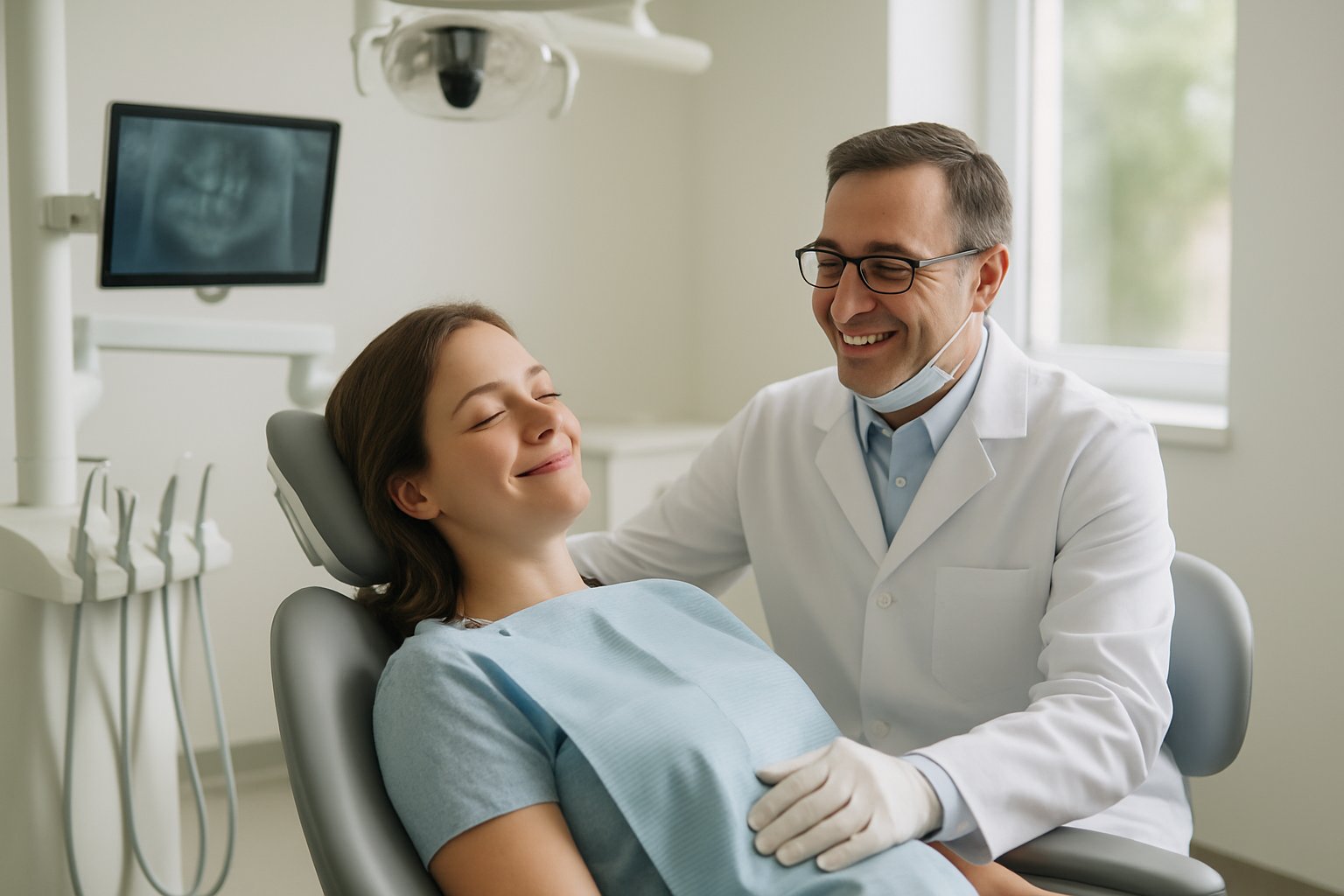A dentist calmly talking to a relaxed patient seated in a dental chair in a bright dental office.