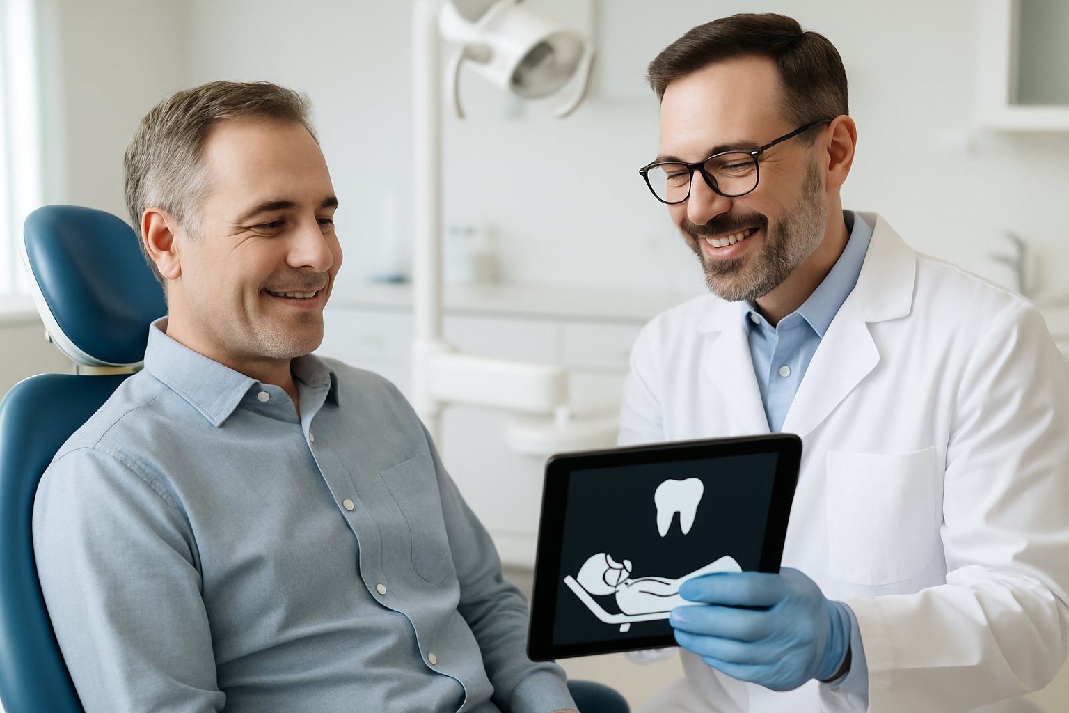 A dentist explains oral conscious sedation to a relaxed patient seated in a dental chair in a bright clinic.