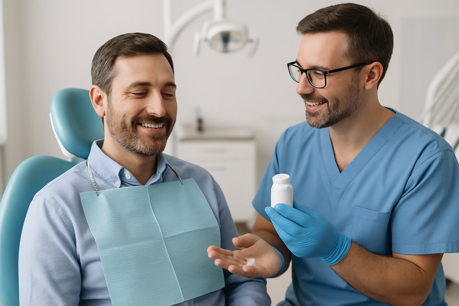A patient sitting in a dental chair with a dentist explaining the oral sedation process, both appearing calm and comfortable in a clean dental clinic.