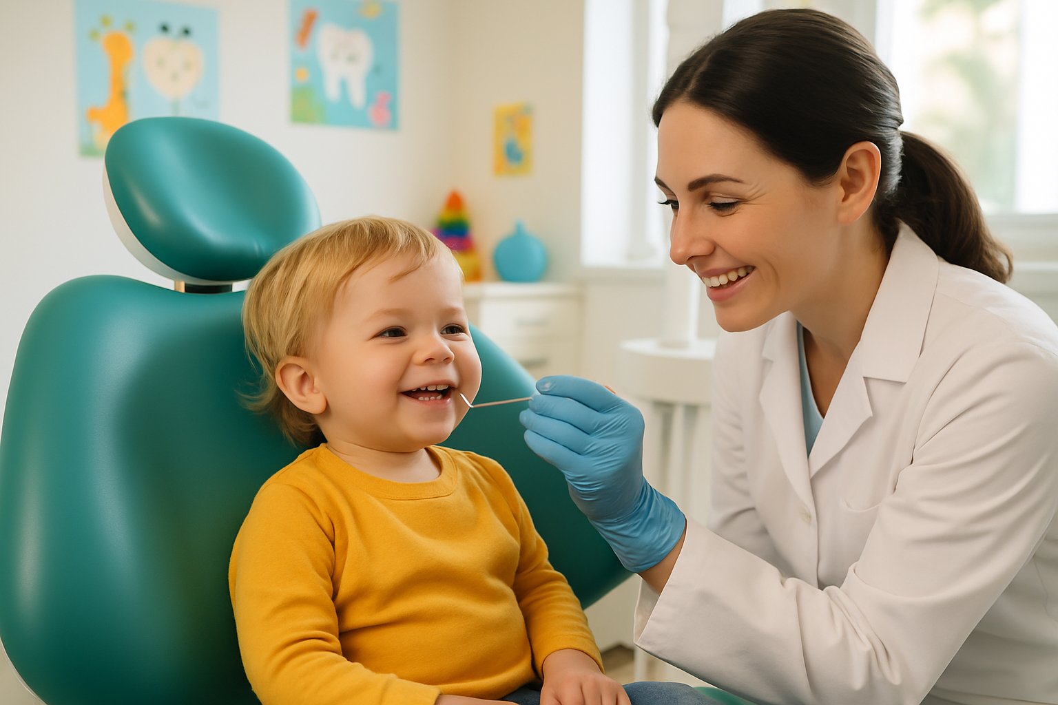 A young child sitting in a dental chair while a dentist gently examines their teeth in a bright dental clinic.