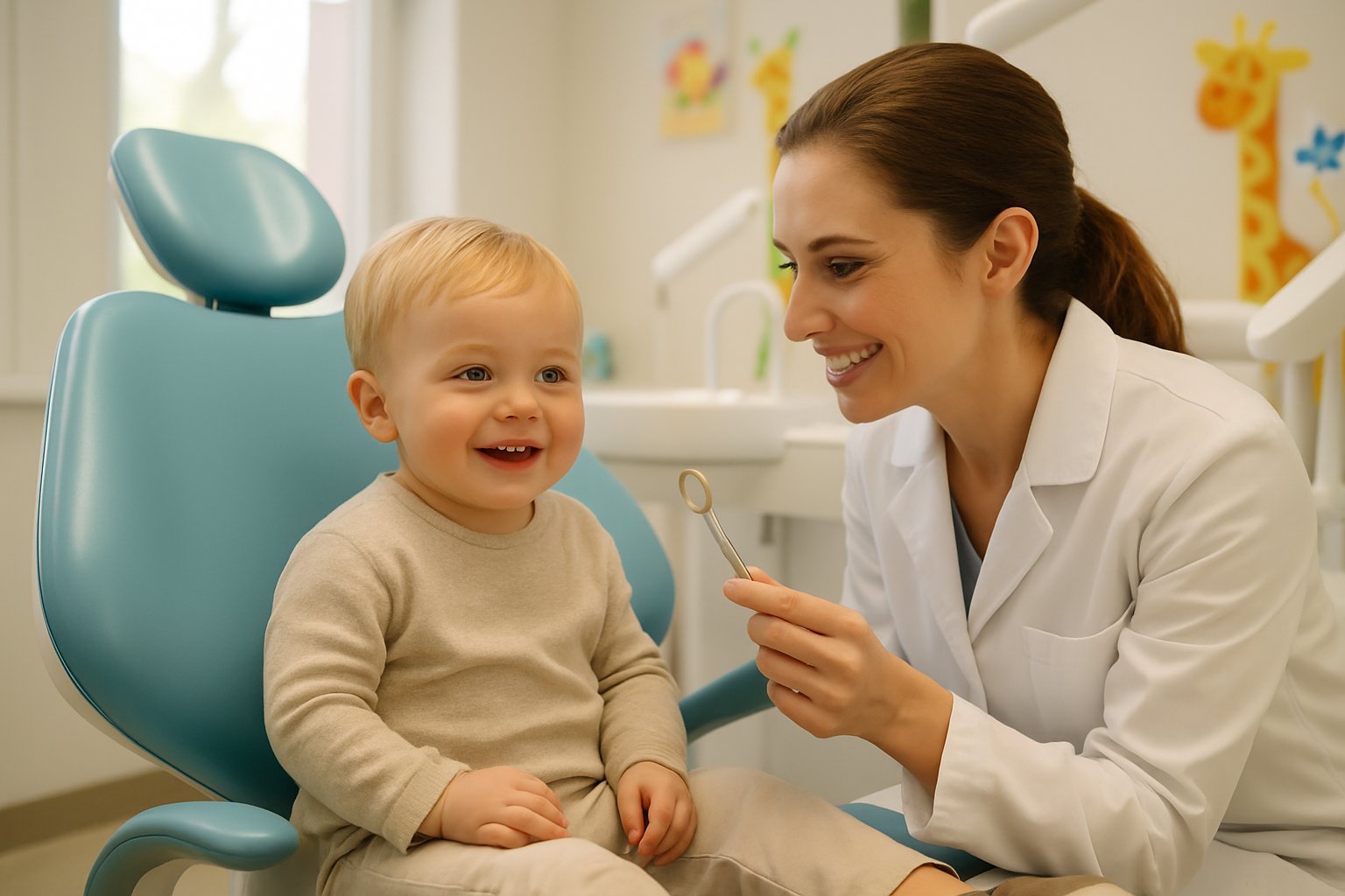A young child sitting in a dental chair with a smiling pediatric dentist beside them in a bright, child-friendly dental office.