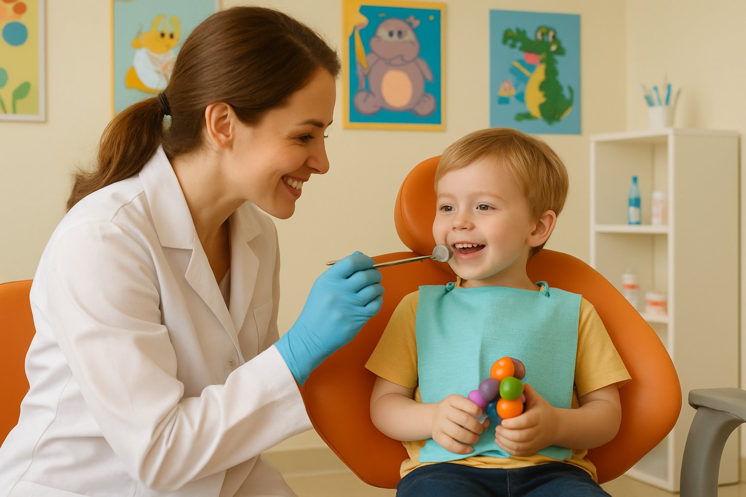 A young child sitting in a dental chair while a female pediatric dentist examines their teeth in a child-friendly dental clinic.