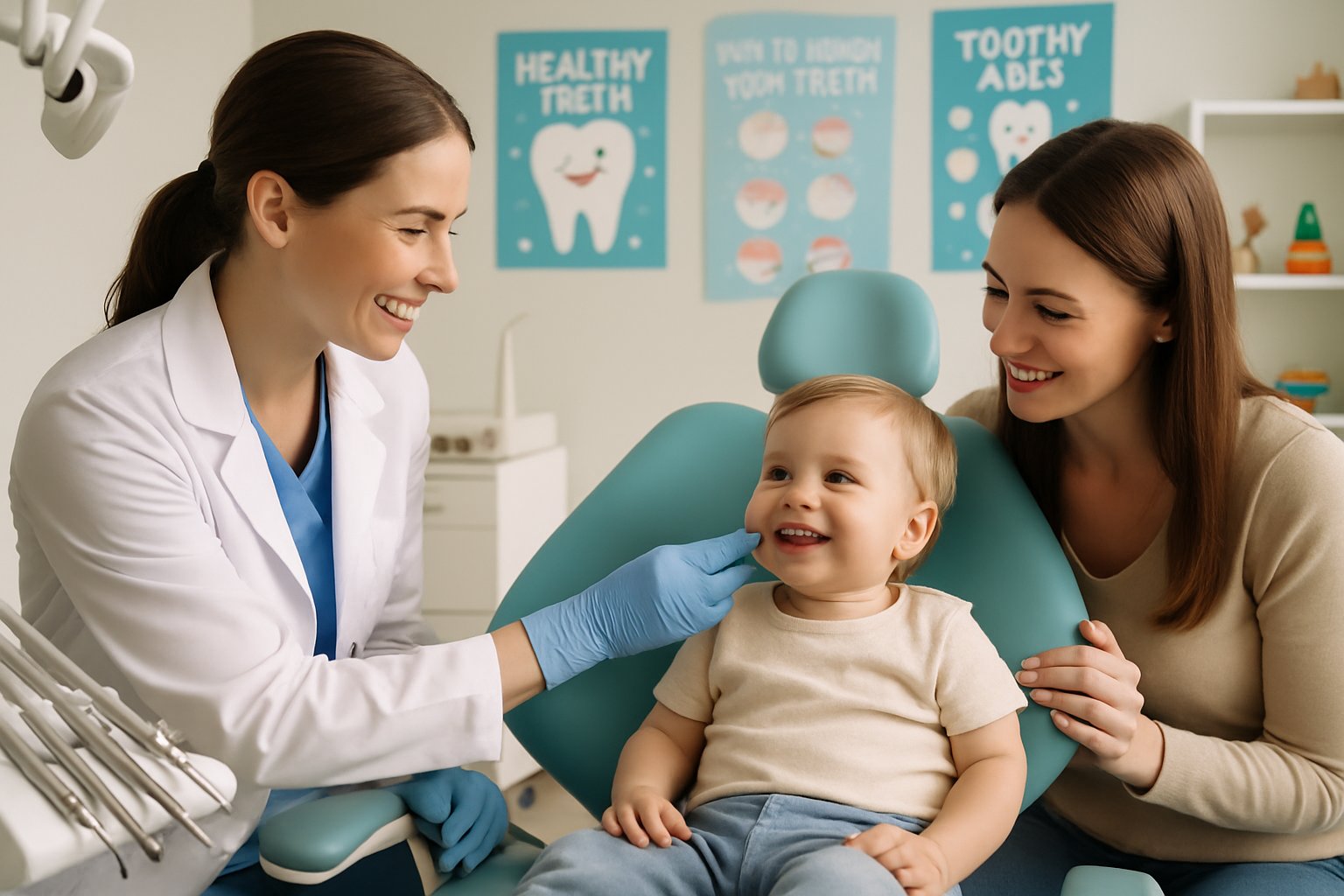 A pediatric dentist examining a smiling toddler in a dental chair with a parent nearby in a bright, child-friendly dental office.