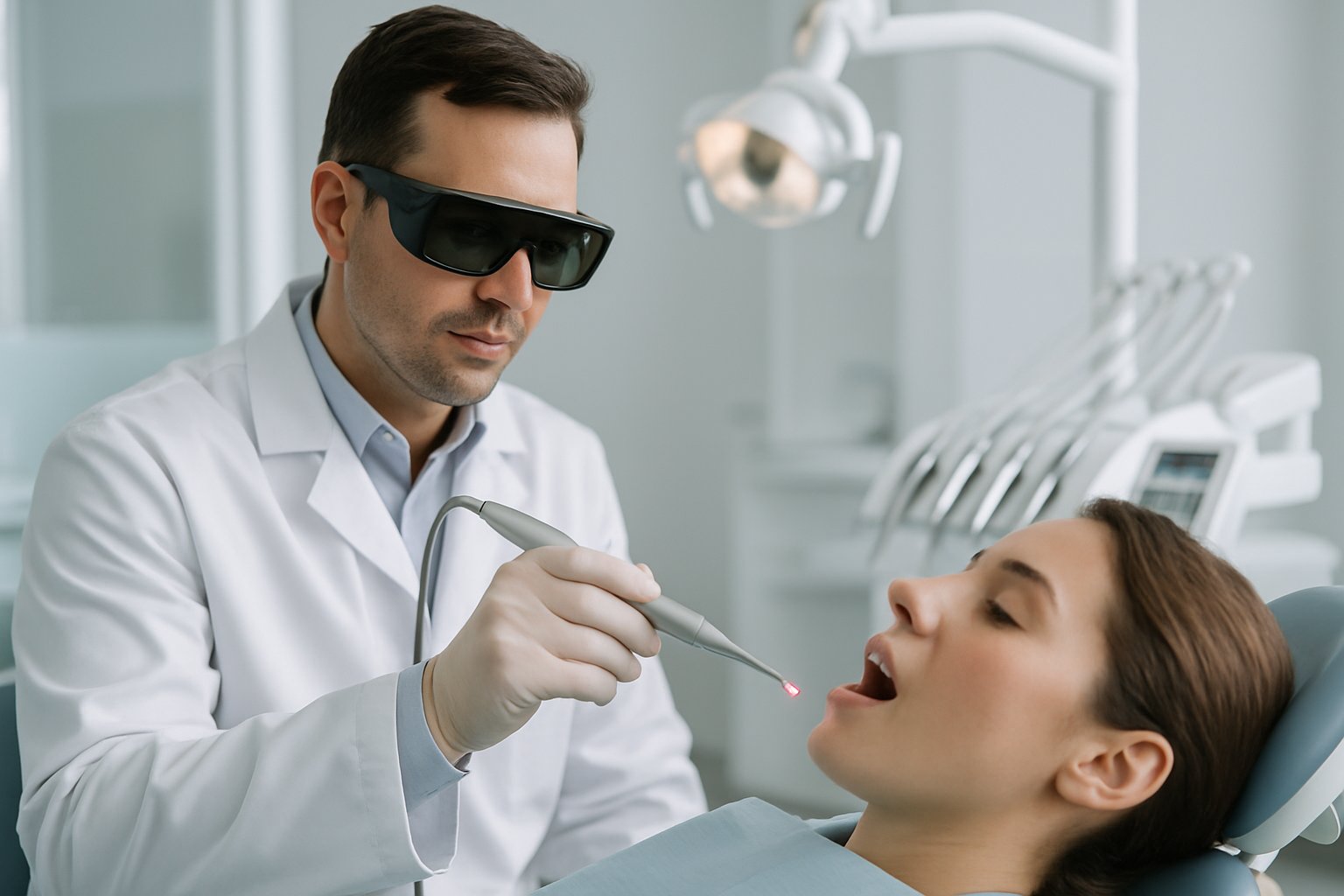 A dentist using a laser device on a patient in a modern dental clinic.