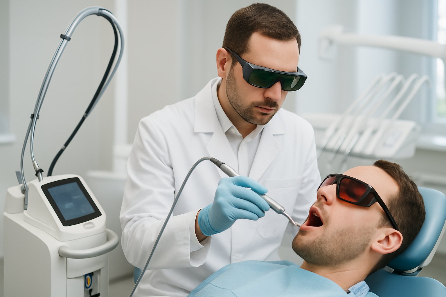 A dentist using a laser device on a patient in a dental clinic.