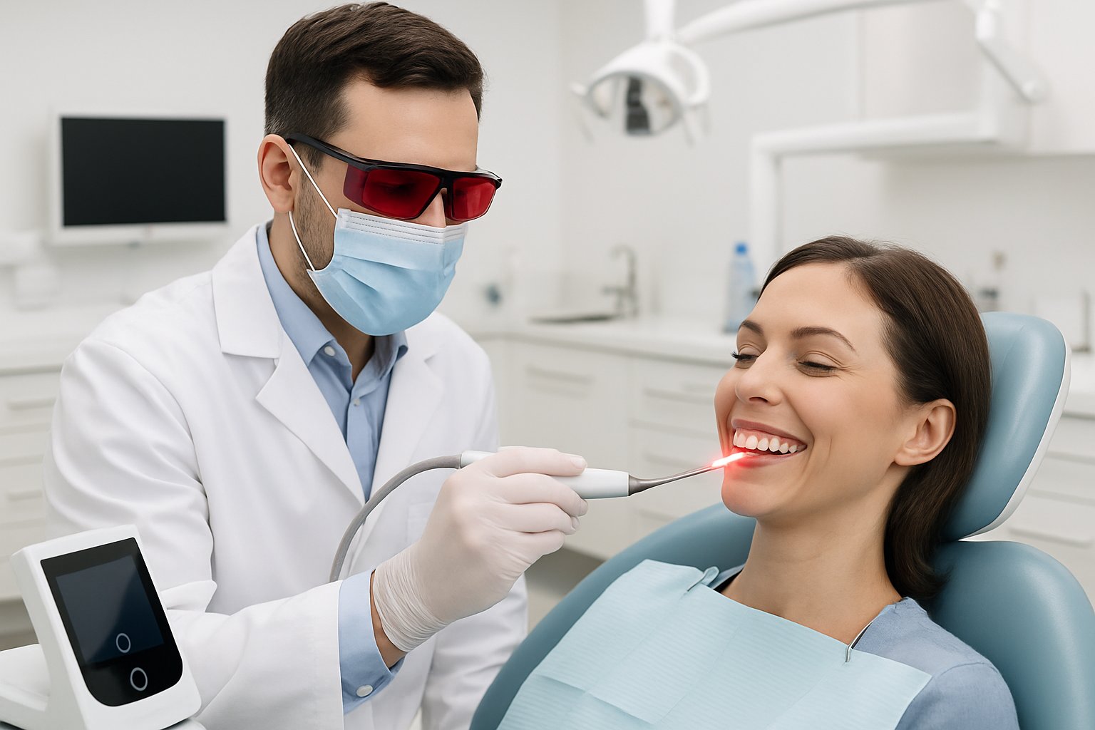 A dentist using a laser device on a patient in a dental clinic.
