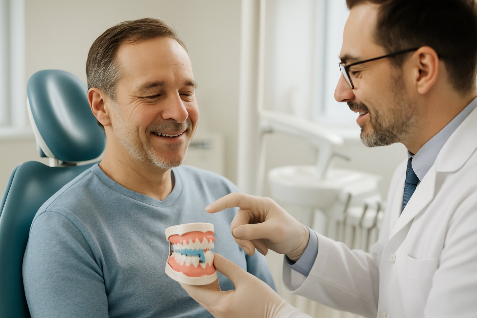 A patient sitting in a dental chair receiving post-surgery care instructions from a dentist in a bright dental clinic.