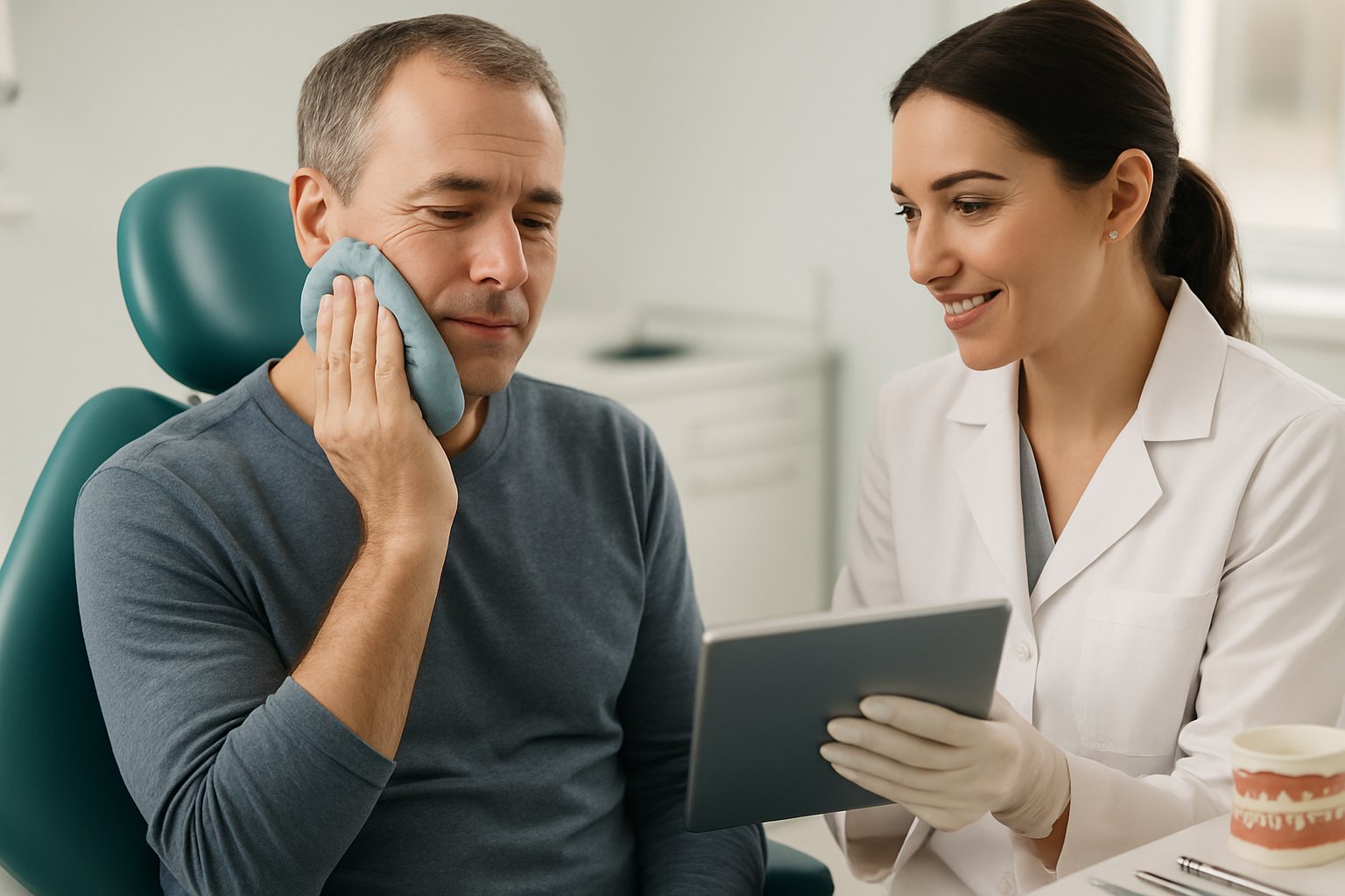 A patient holding an ice pack to their cheek while a dental professional explains aftercare instructions in a dental clinic.