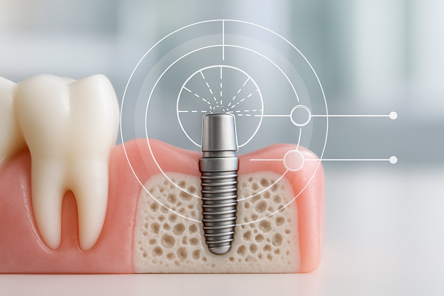 Close-up of a human jaw showing a dental implant securely integrated into the bone with healthy surrounding gum tissue.