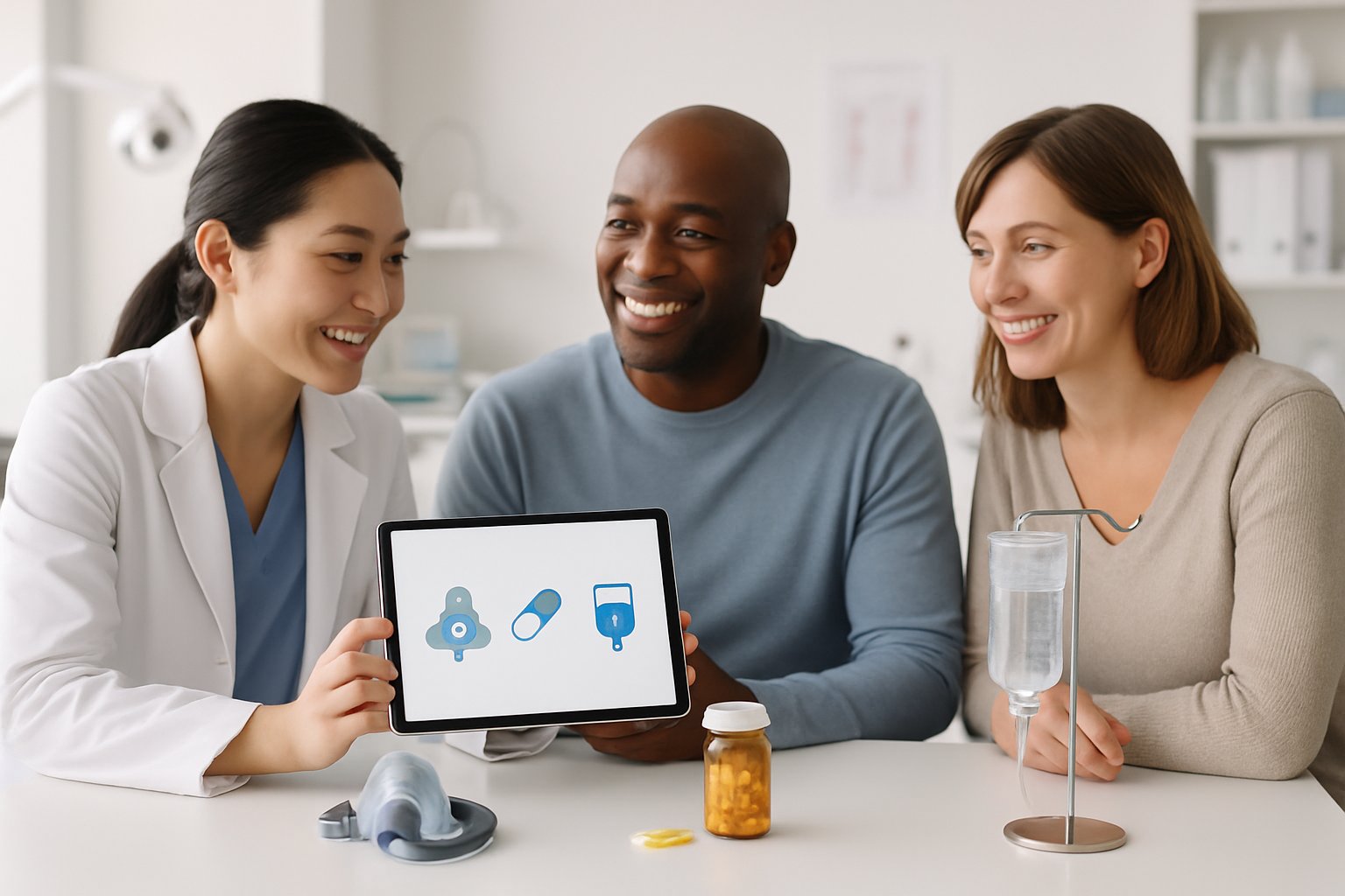 A medical professional discusses sedation options with two patients in a bright clinical room, with symbols representing nitrous oxide, oral medication, and IV sedation on the table.
