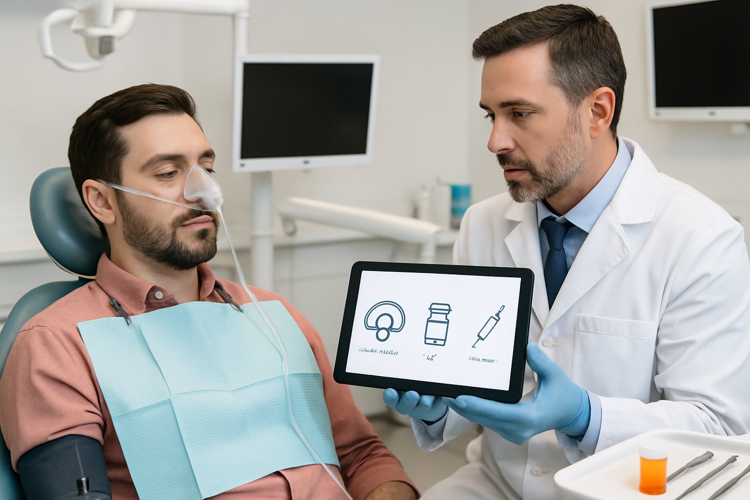 A dentist consulting with a patient in a dental clinic, showing sedation options with equipment including a nasal mask, pill bottle, and IV line.