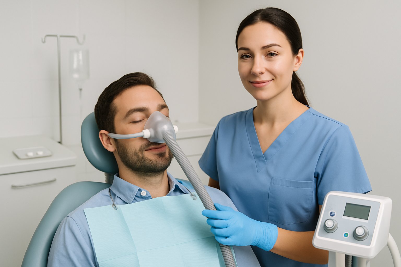 A dental professional prepares a patient wearing a nasal mask for nitrous oxide sedation in a modern dental clinic, with oral sedation pills and an IV drip visible in the background.