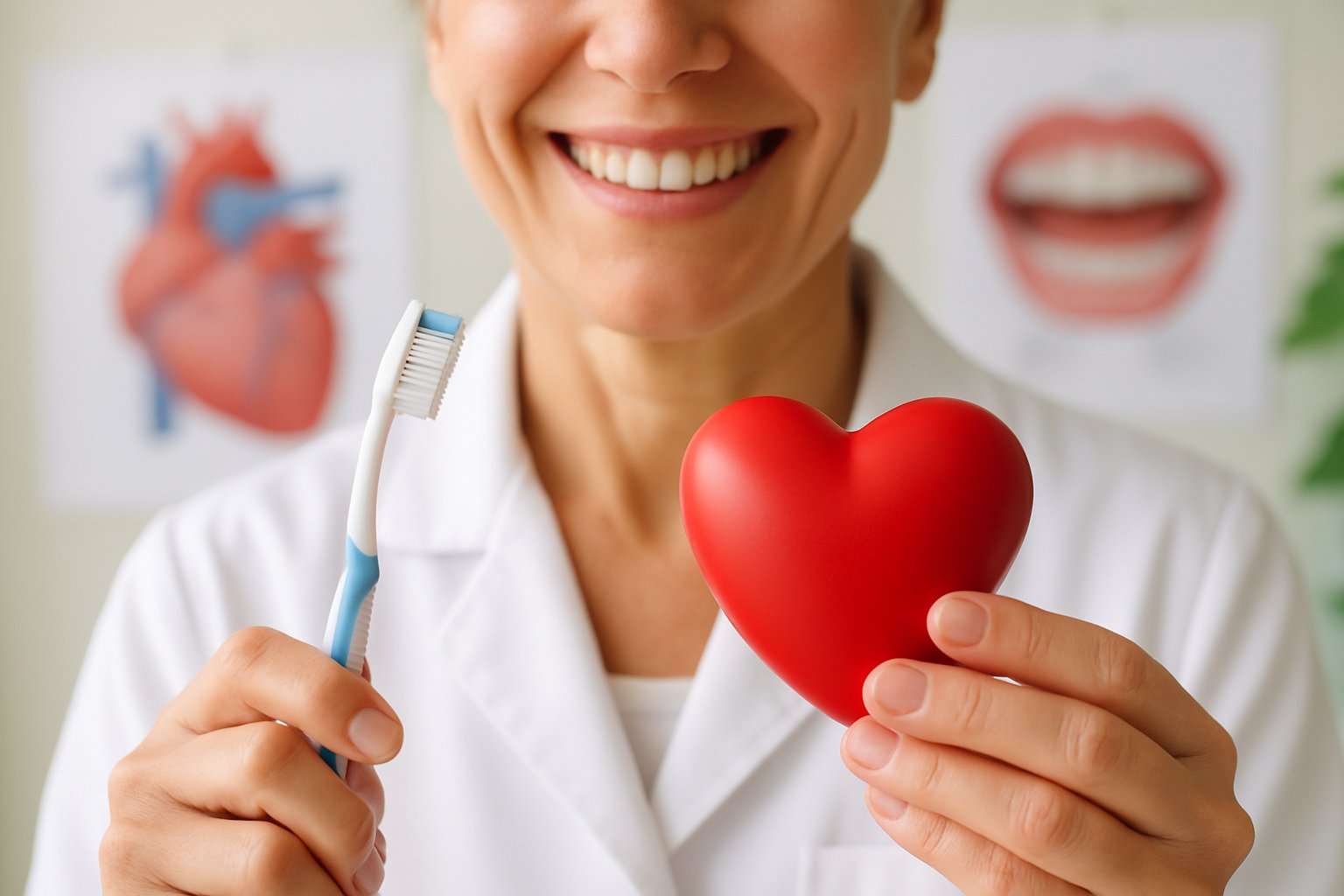A person holding a red heart model and a toothbrush with anatomical charts of a heart and mouth in the background.