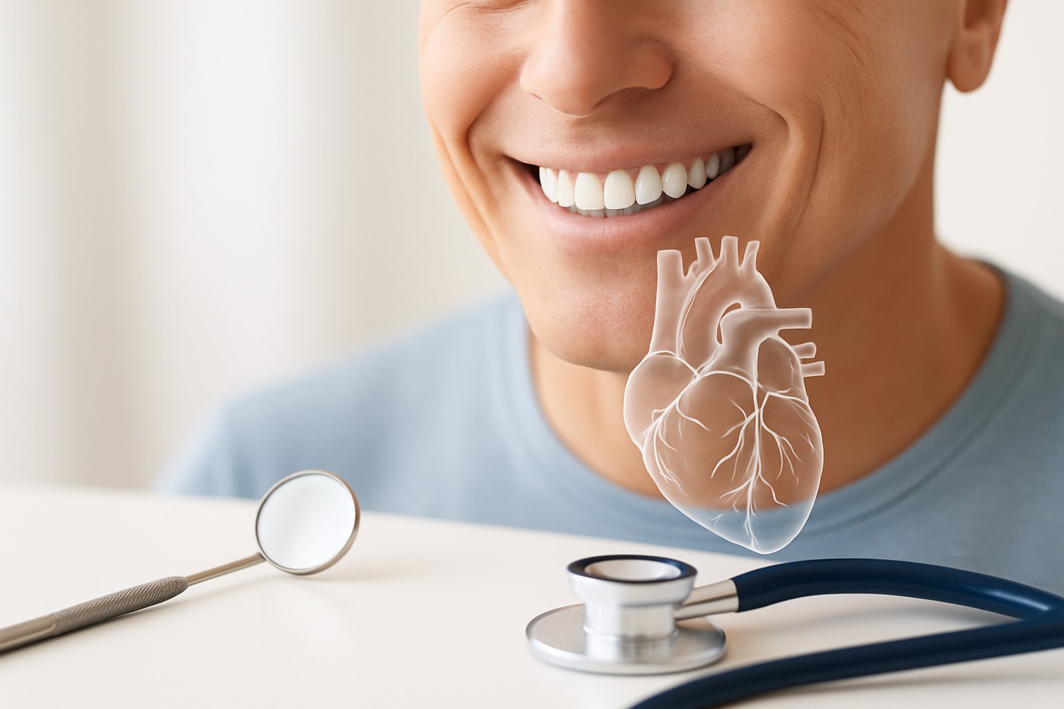 A smiling person showing healthy teeth with a transparent heart illustration near the chest and dental and medical tools nearby.