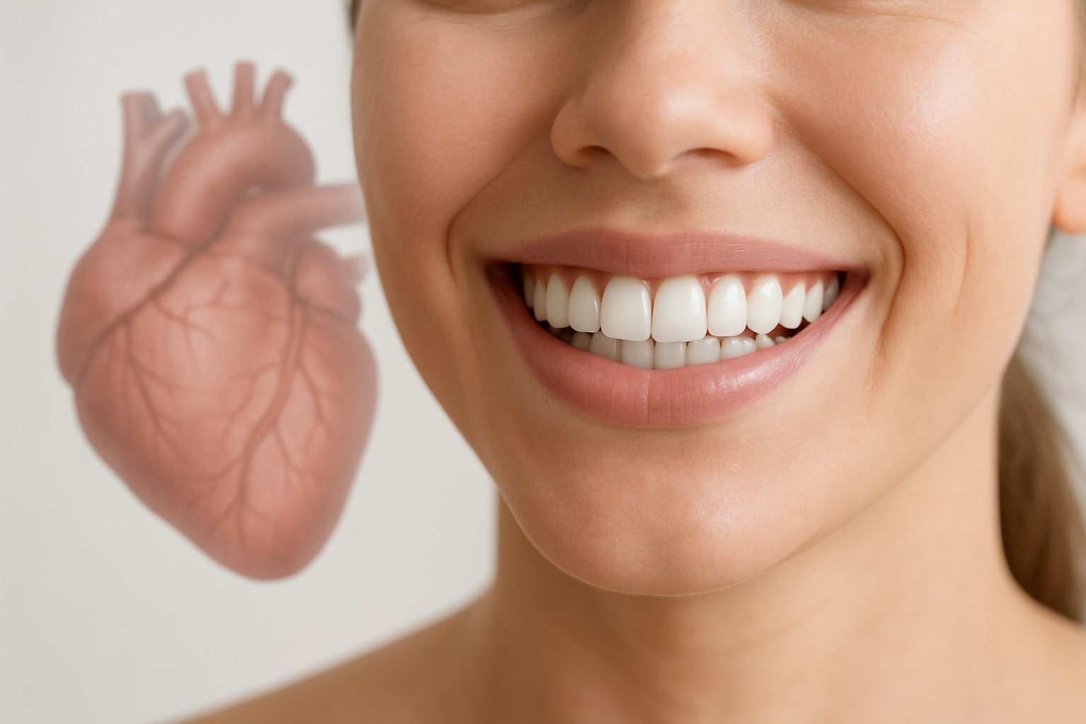 Close-up of a healthy smiling mouth with a semi-transparent anatomical heart overlay in the background.