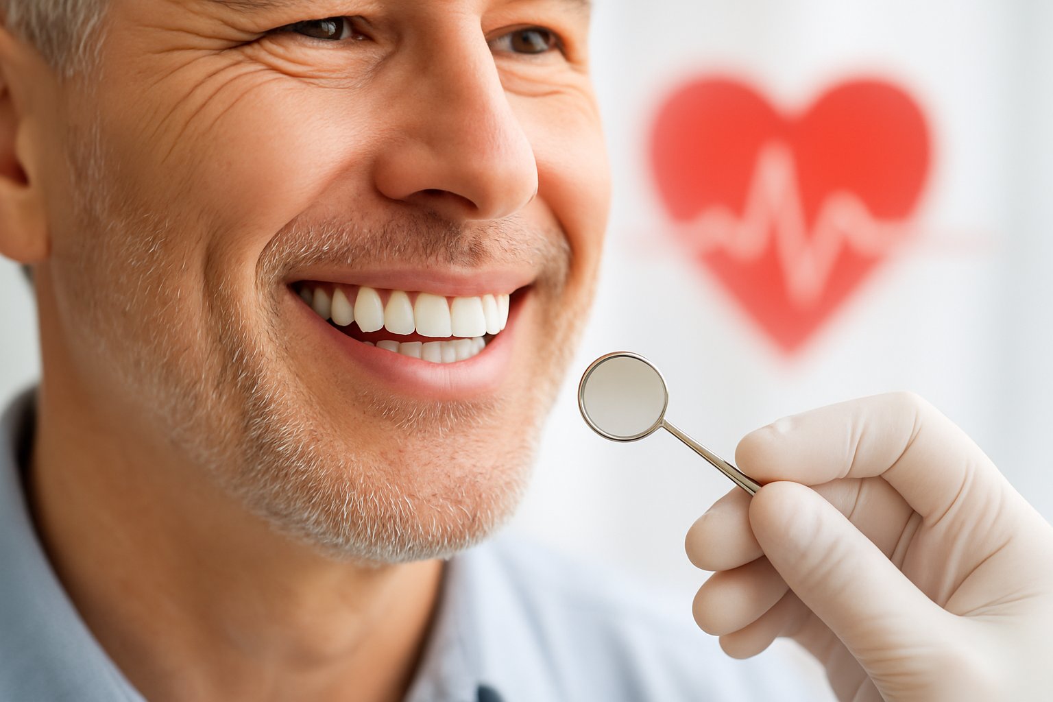 A close-up of a person smiling with healthy teeth while a dentist examines their mouth, with a faint heart shape in the background.