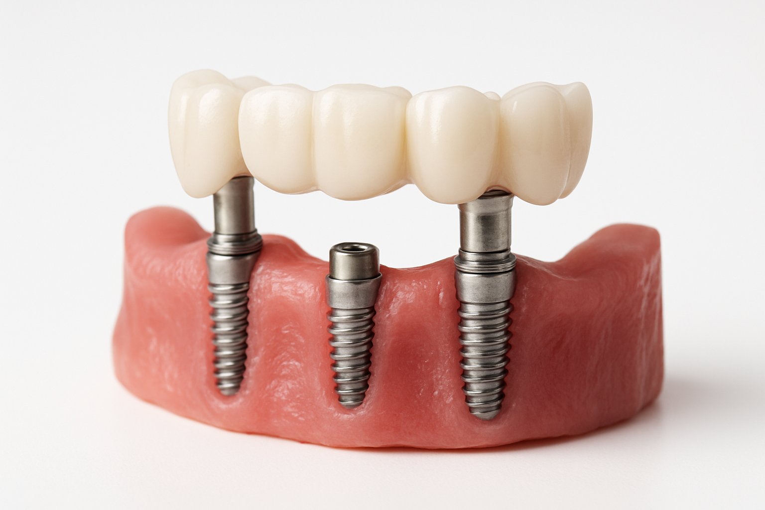 Close-up of a dental model showing implants with a bridge attached to replace missing teeth.