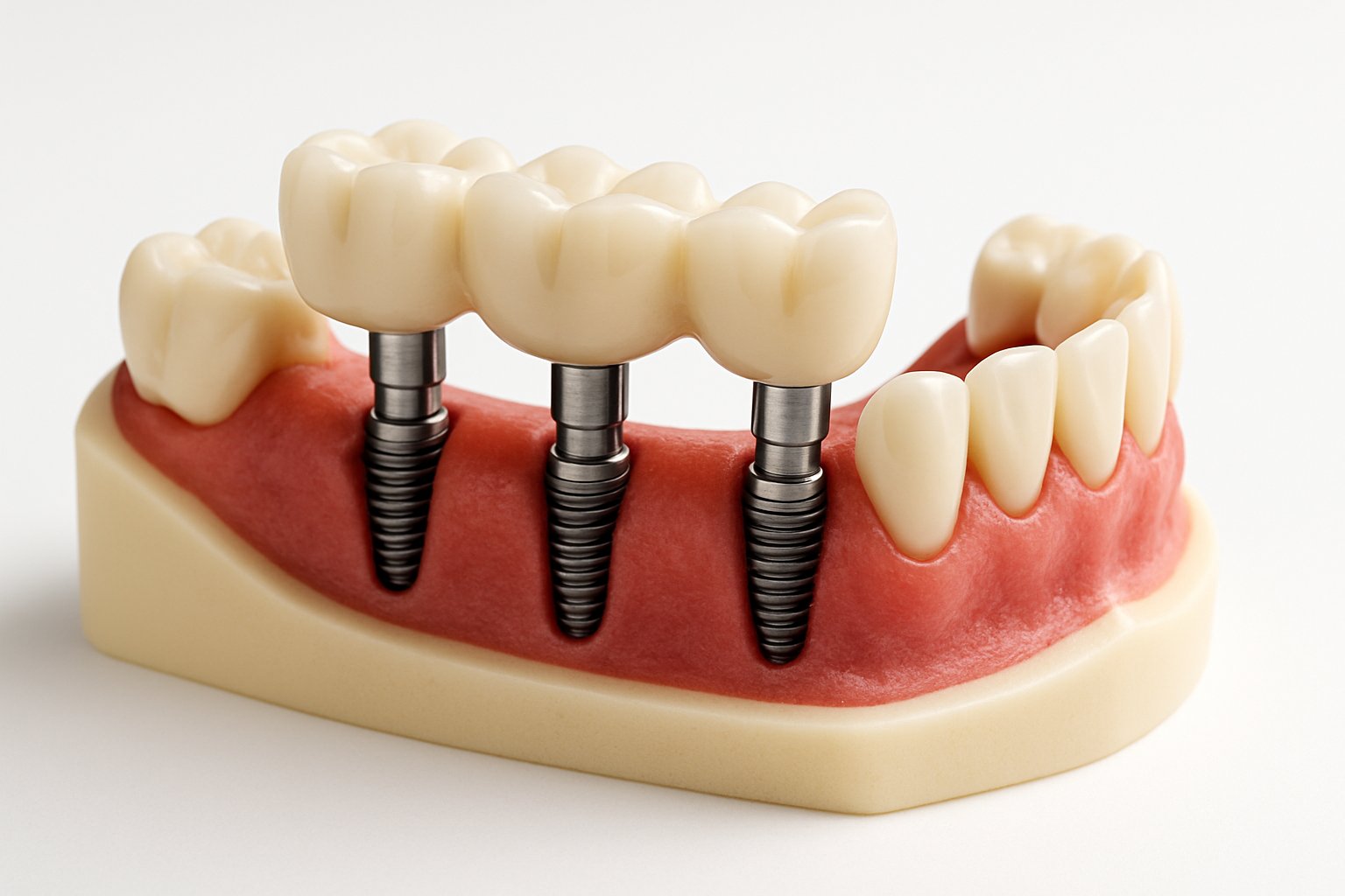 Close-up of a dental model showing a lower jaw with an implant-supported bridge replacing missing teeth.