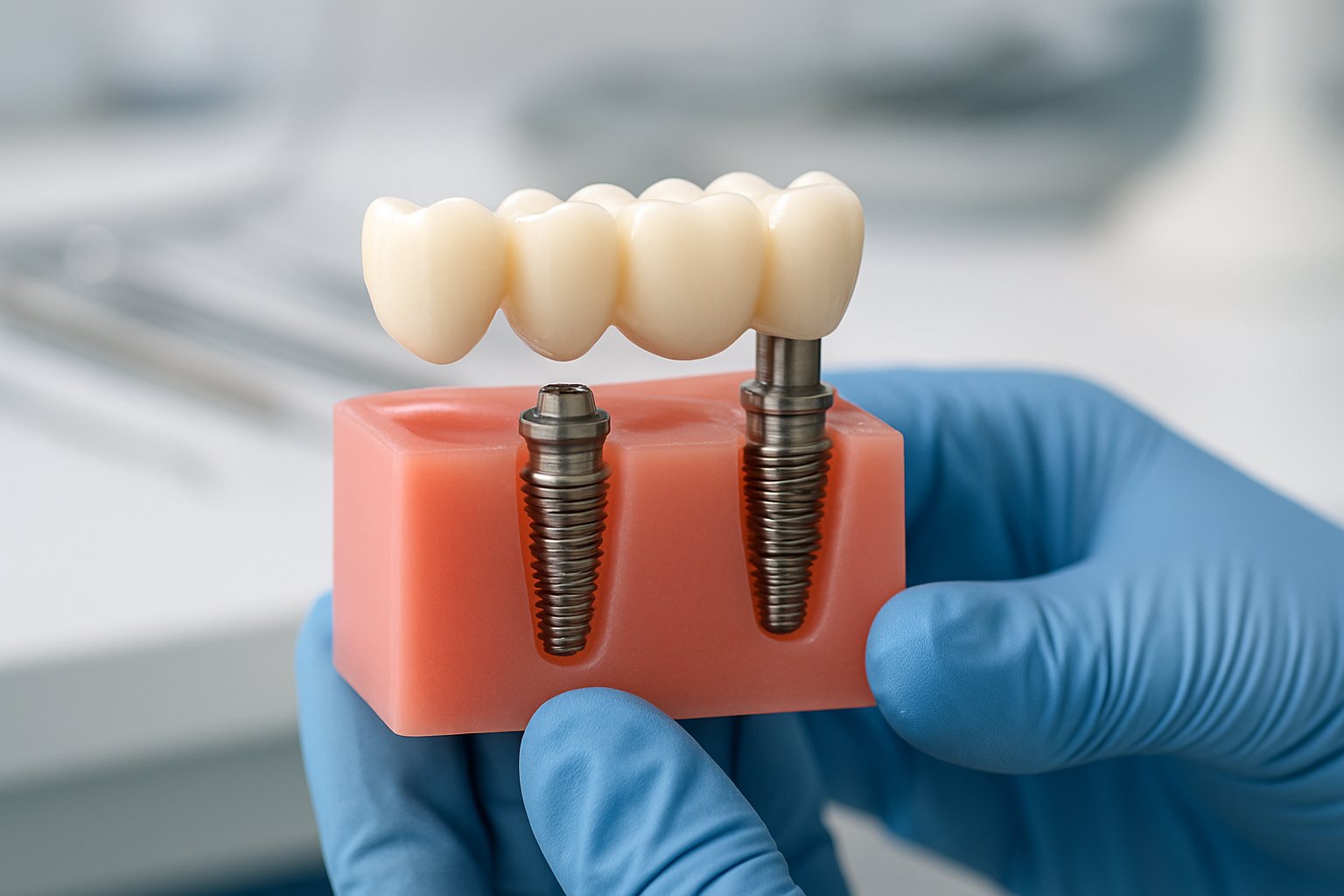 Close-up of a dental model showing an implant-supported bridge held by a dentist wearing blue gloves.