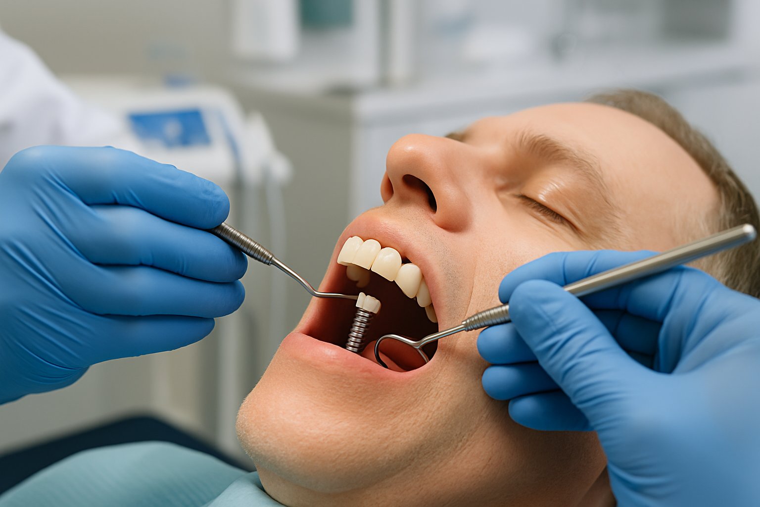 Close-up of a dentist's hands working on a dental implant-supported bridge in a patient's mouth at a dental clinic.