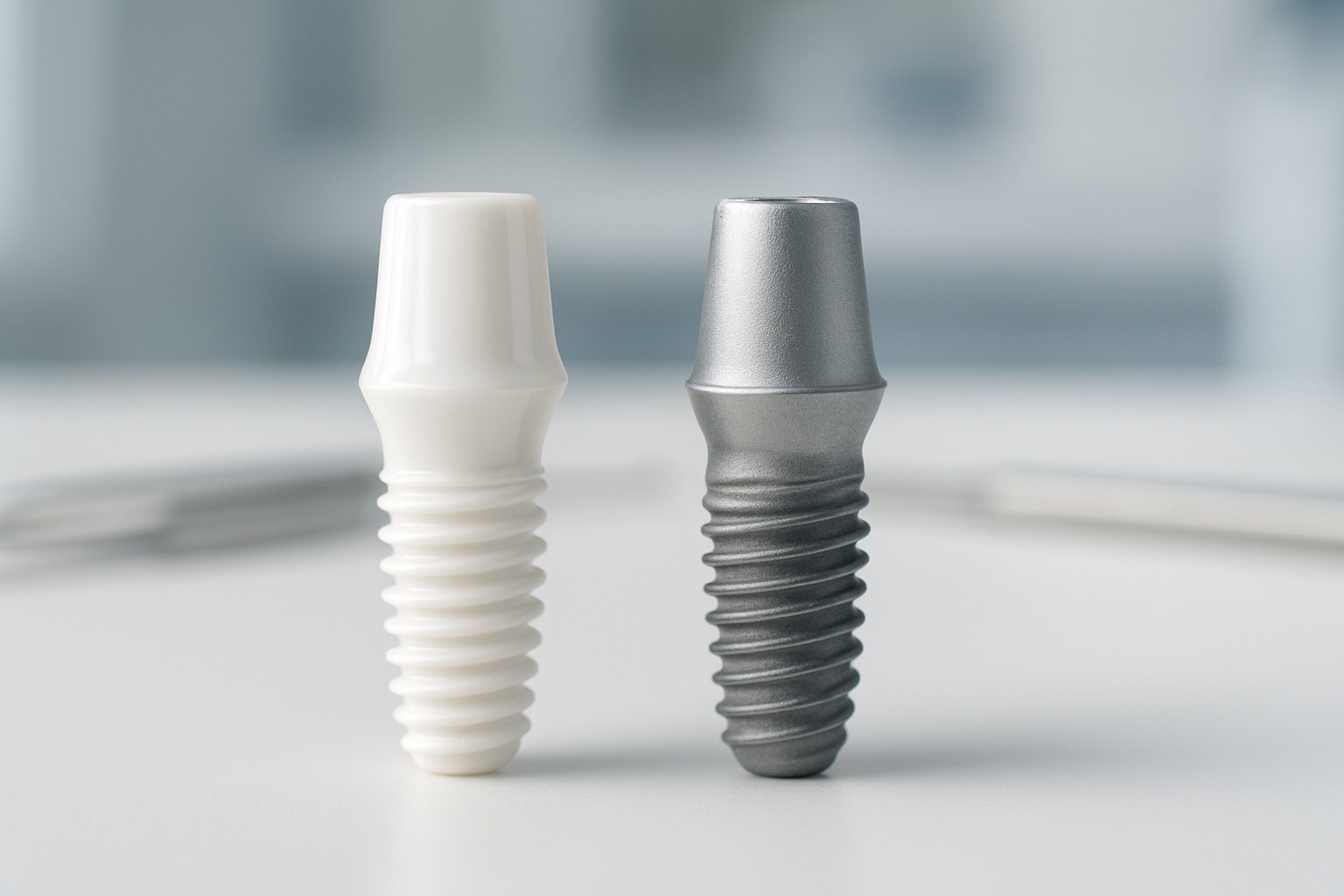 Close-up view of two dental implants, one white and smooth, the other metallic gray, placed side by side on a white surface with dental tools in the background.