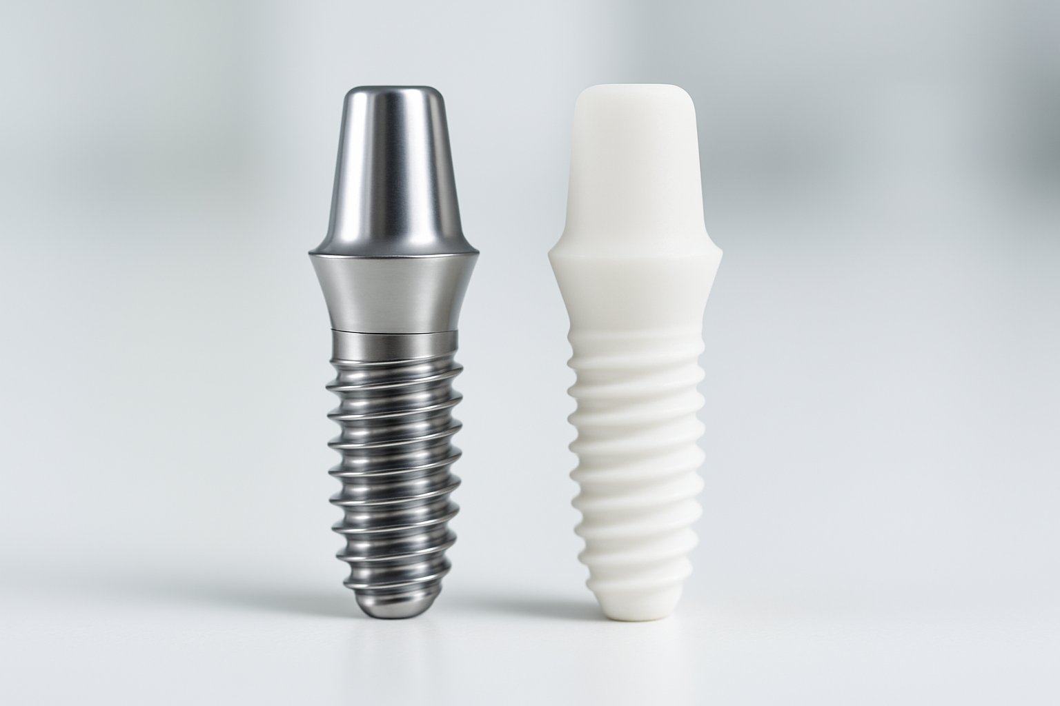 Close-up of two dental implants side by side, one metallic and one white ceramic, on a white surface.