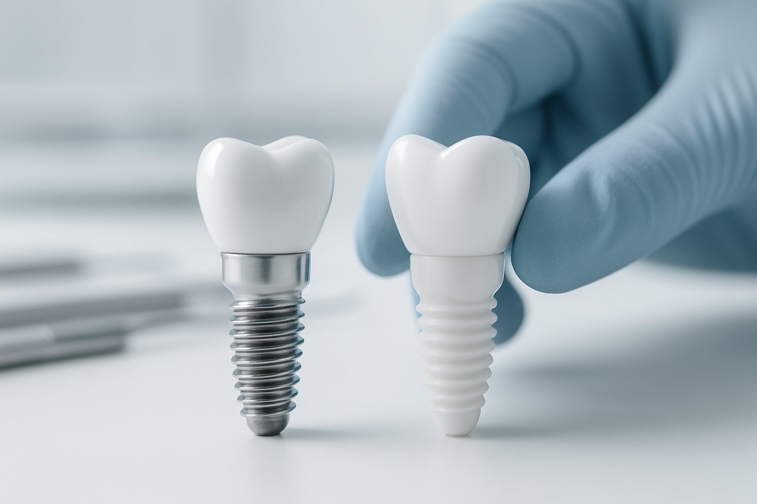 Close-up of two dental implants, one metallic titanium and one white zirconia, displayed on a white surface with dental tools in the background.