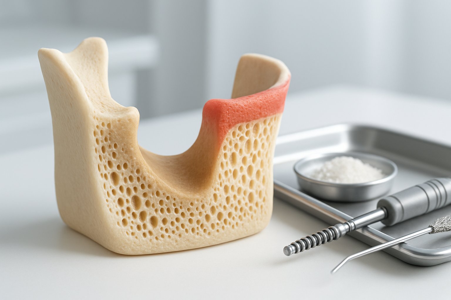 Close-up cross-section of a human jawbone showing a missing tooth socket with bone loss, alongside dental tools used for prevention.