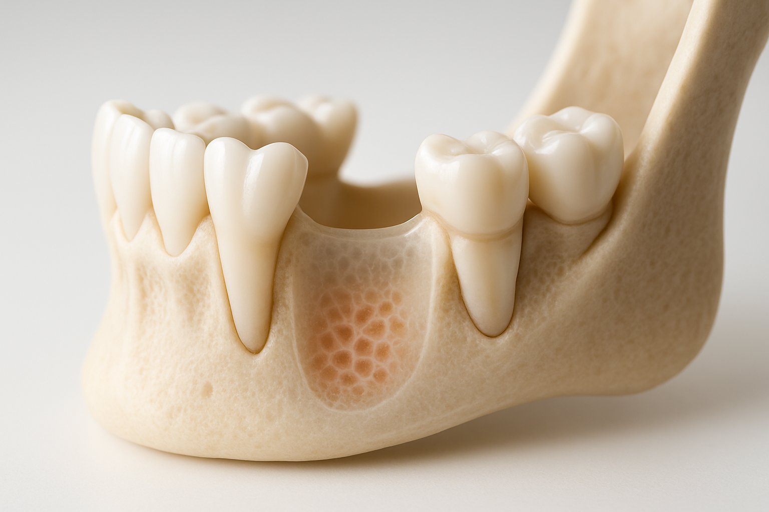 Close-up view of a human jawbone showing a tooth extraction site with visible bone loss.