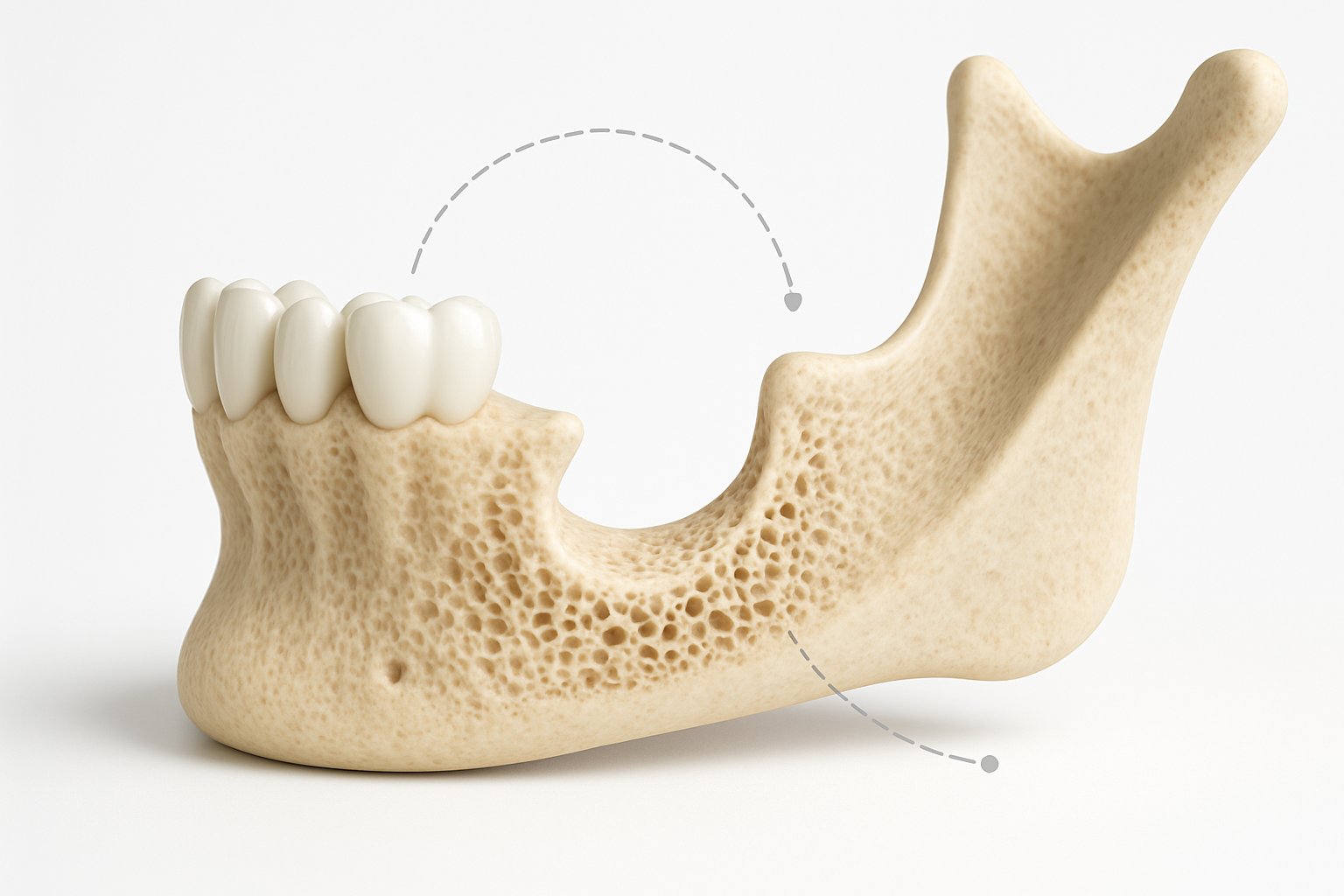 Close-up 3D view of a human jawbone showing a missing tooth and reduced bone density in the extraction area.
