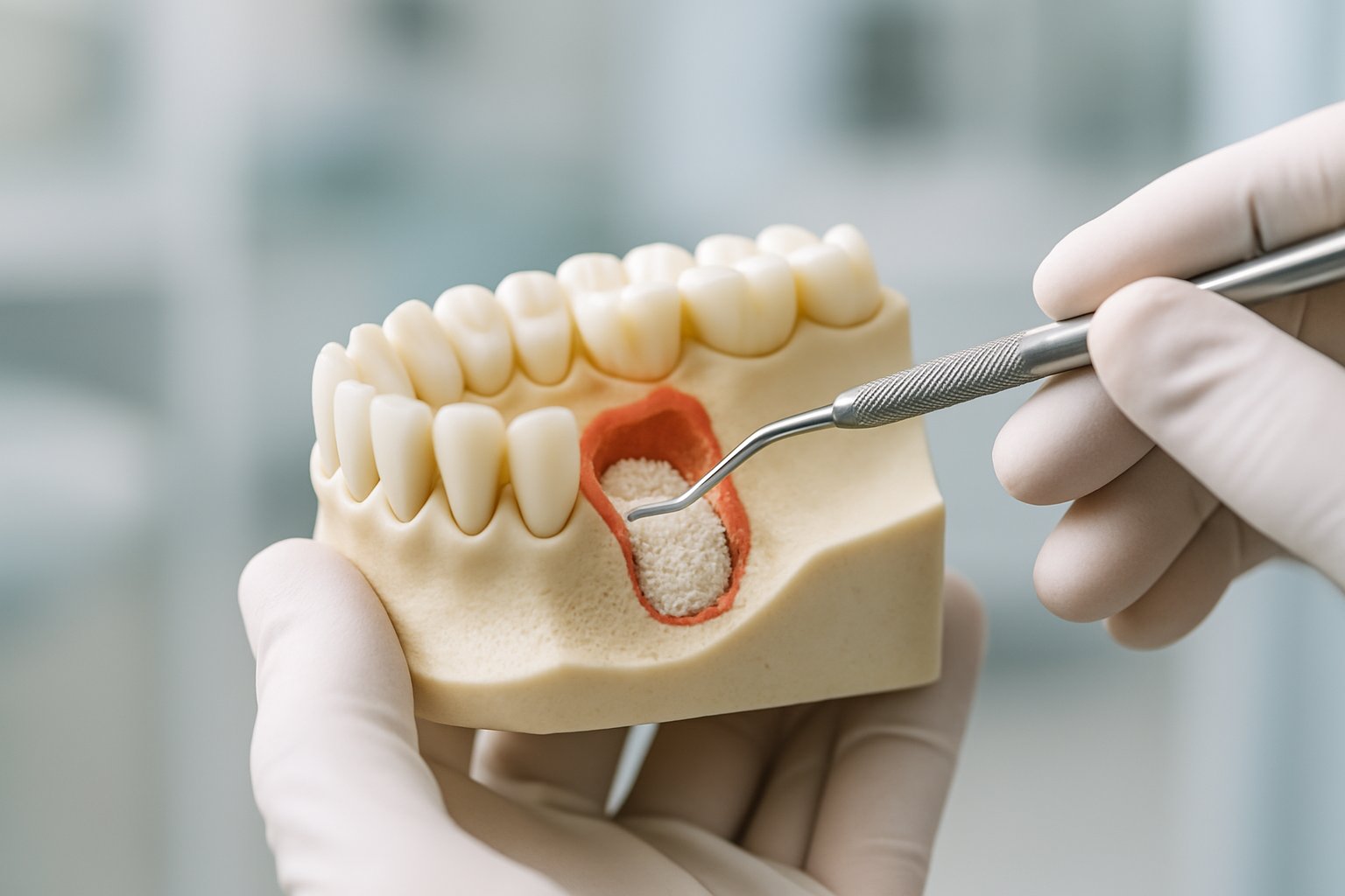 Close-up of a dental model showing a jawbone and teeth with a dentist demonstrating bone preservation after tooth extraction in a dental clinic.
