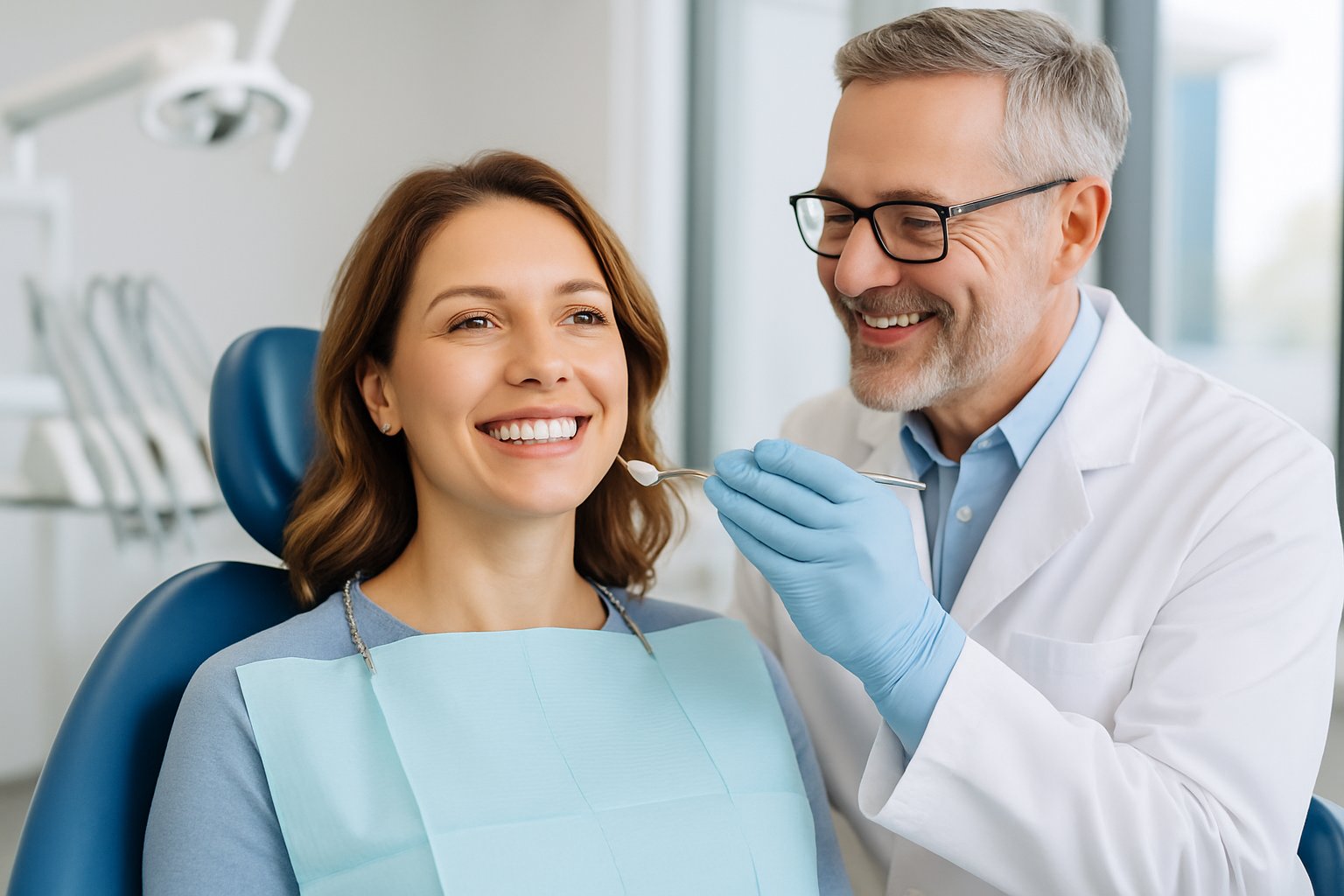 A woman smiling while a dentist examines her teeth in a dental clinic.