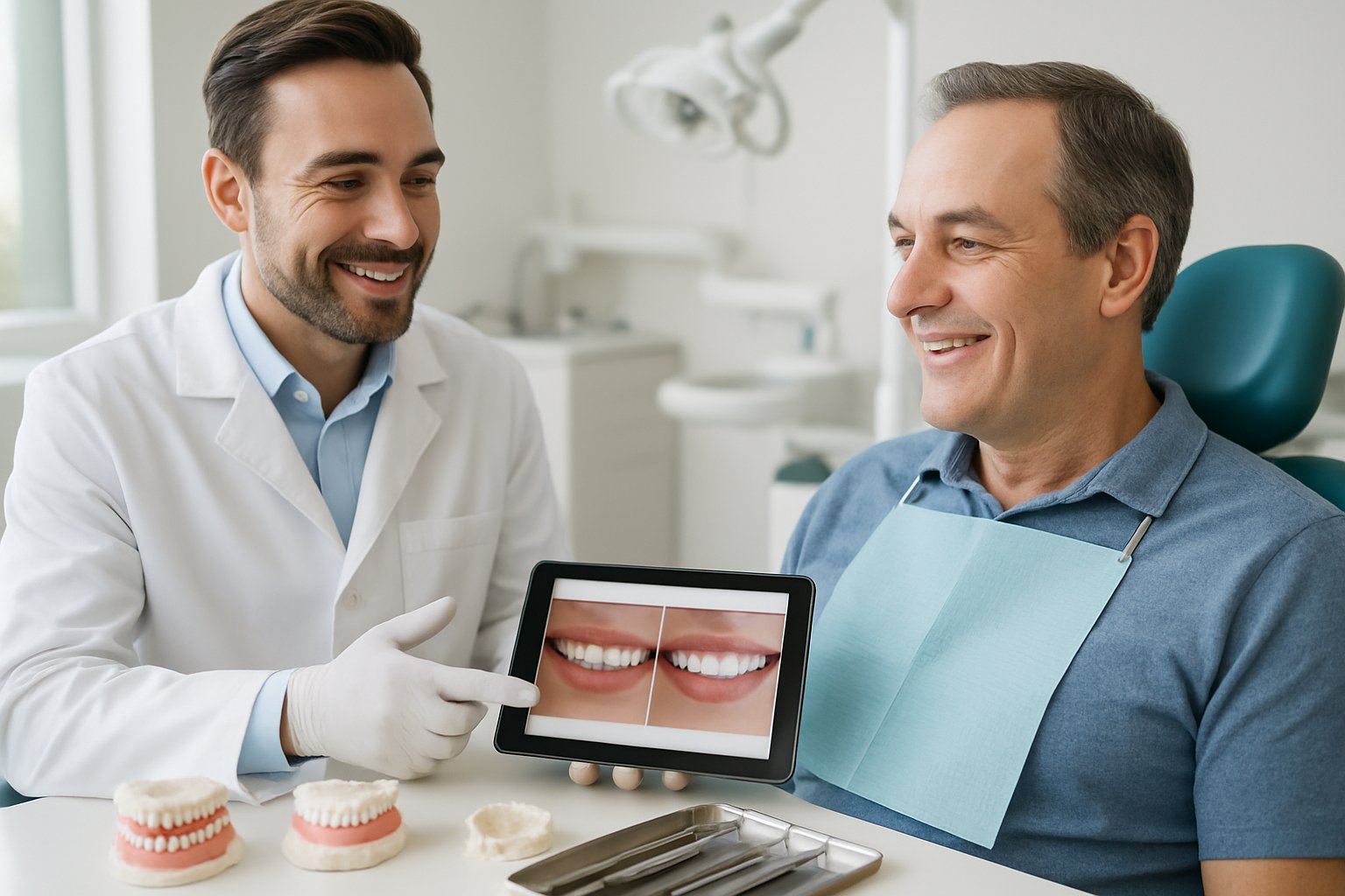 Dentist discussing a smile makeover treatment plan with a patient in a dental clinic.