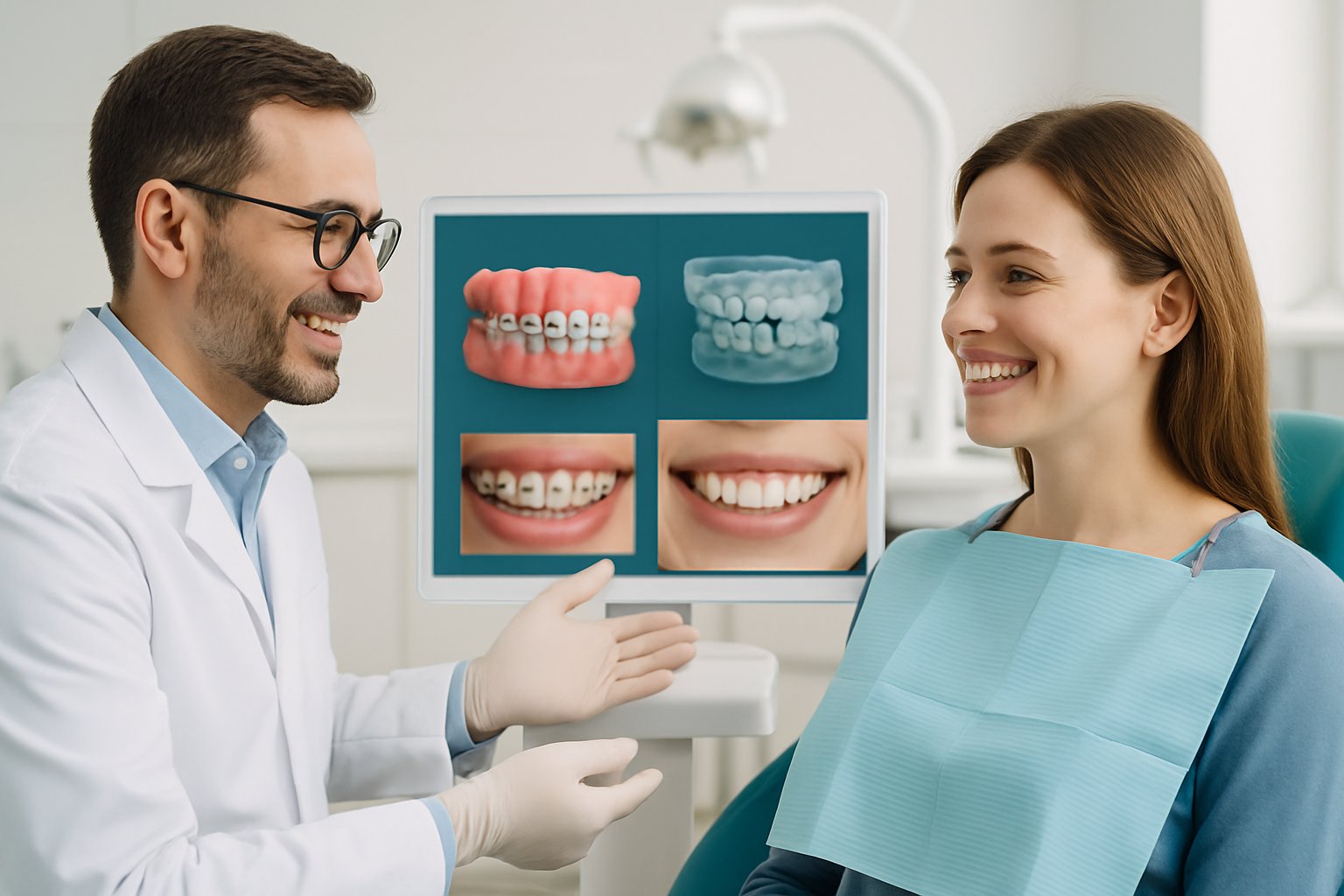 An orthodontist consulting with a smiling patient in a dental clinic with dental alignment models displayed on a screen.