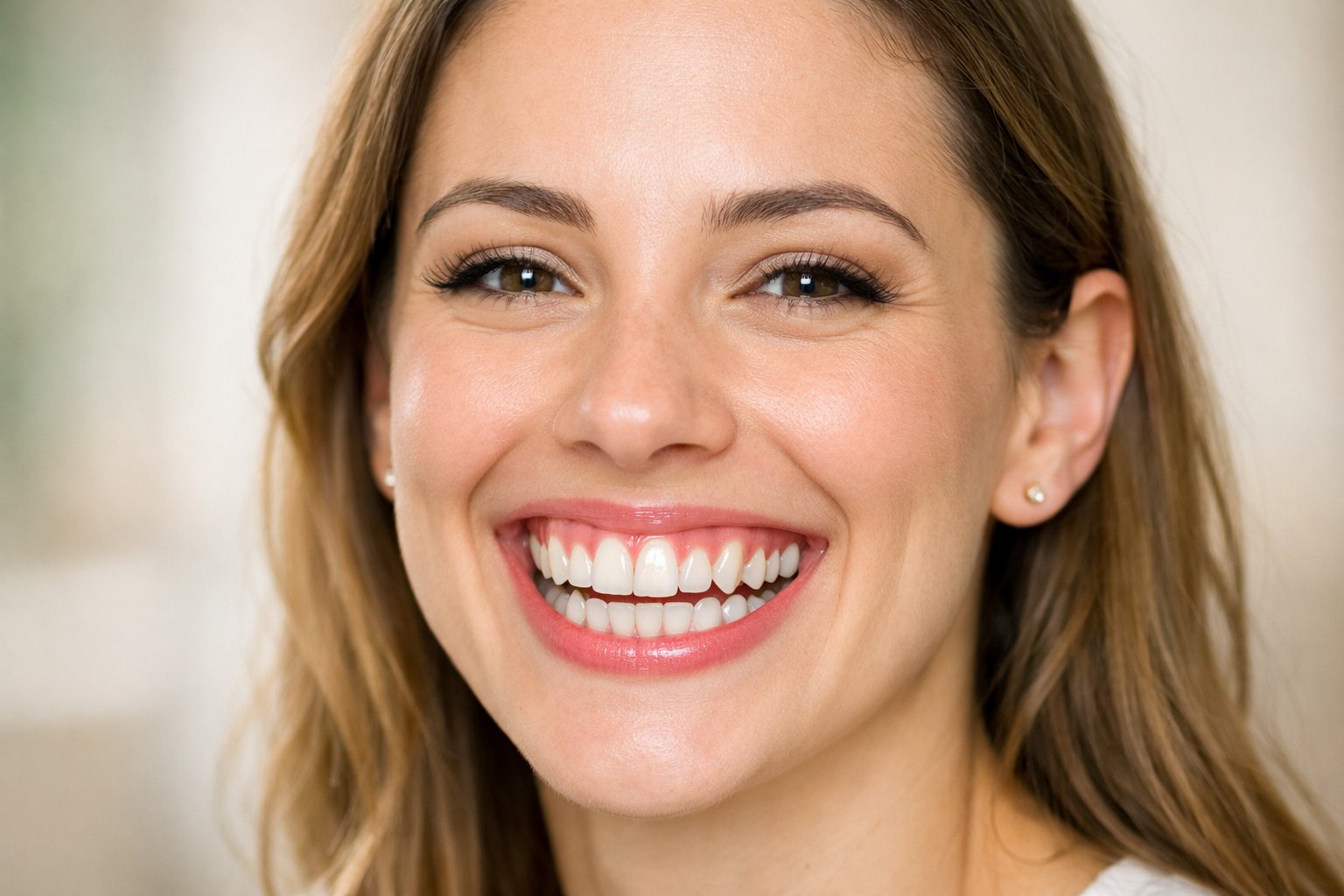 Close-up of a young woman smiling, showing her teeth and gums clearly.
