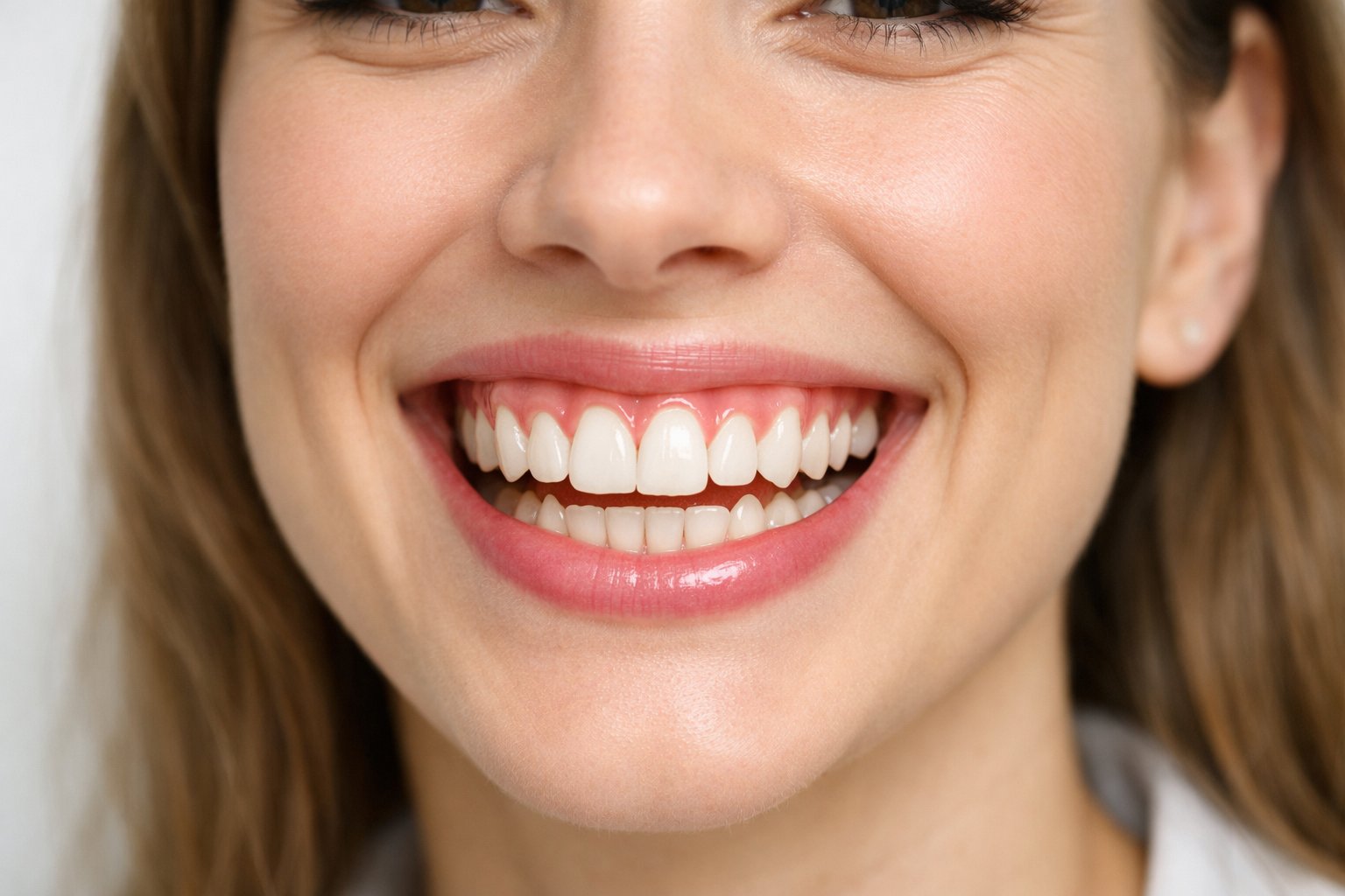 Close-up of a young woman smiling, showing excess gum tissue above her upper teeth.