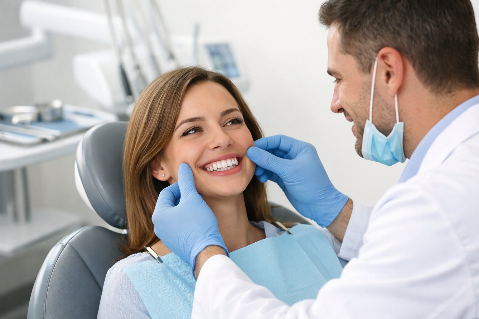 A dentist examining a smiling female patient in a dental office.