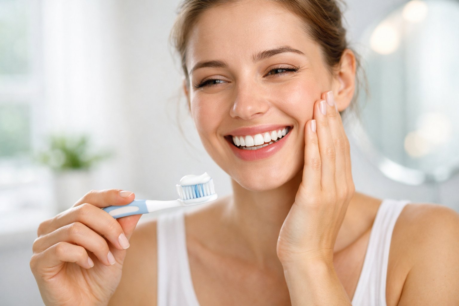 A young woman smiling gently while holding a toothbrush with whitening toothpaste in a bright bathroom.