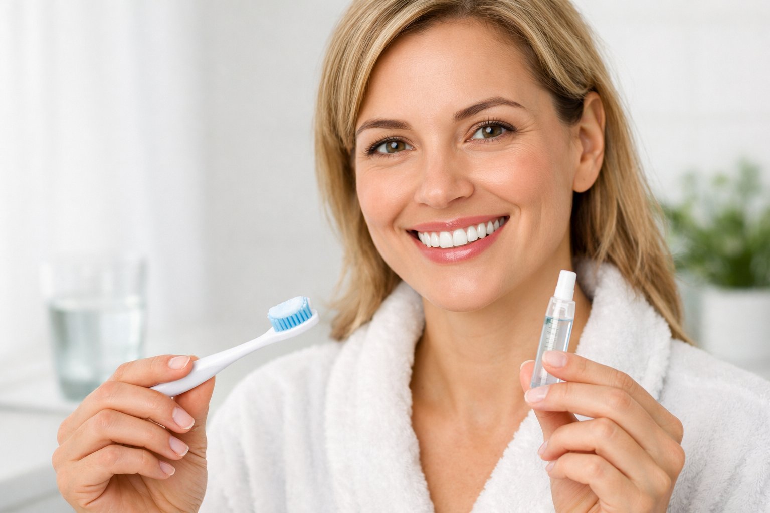 A woman smiling while holding a toothbrush and whitening gel in a bright bathroom.