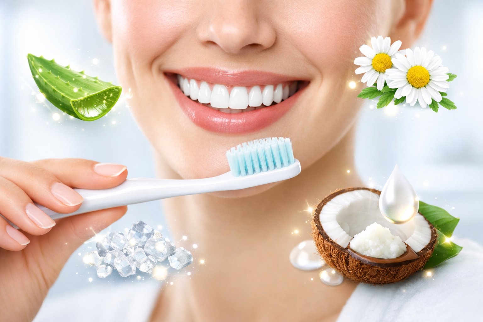 Close-up of a smiling person holding a soft-bristled toothbrush near their mouth with illustrations of natural whitening ingredients floating around them.