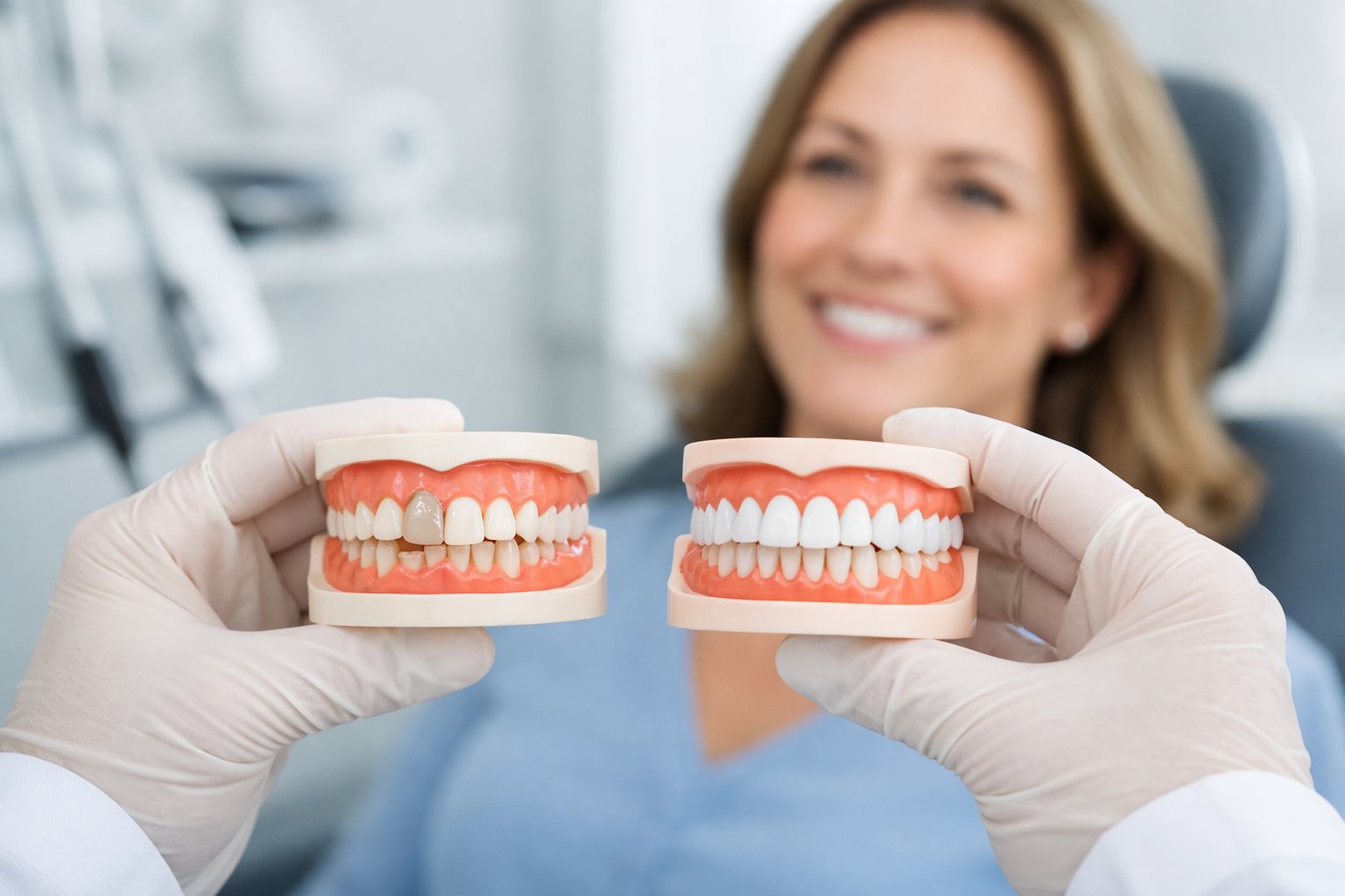 Dentist showing dental models of bonding and veneers to a patient during a consultation in a dental office.