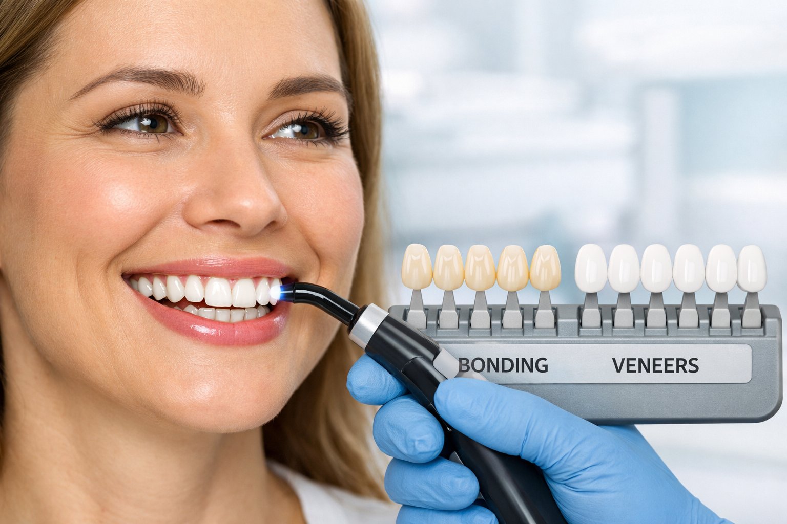 A close-up of a woman smiling with a dentist showing dental bonding on one side and dental veneers displayed on the other side in a dental clinic.