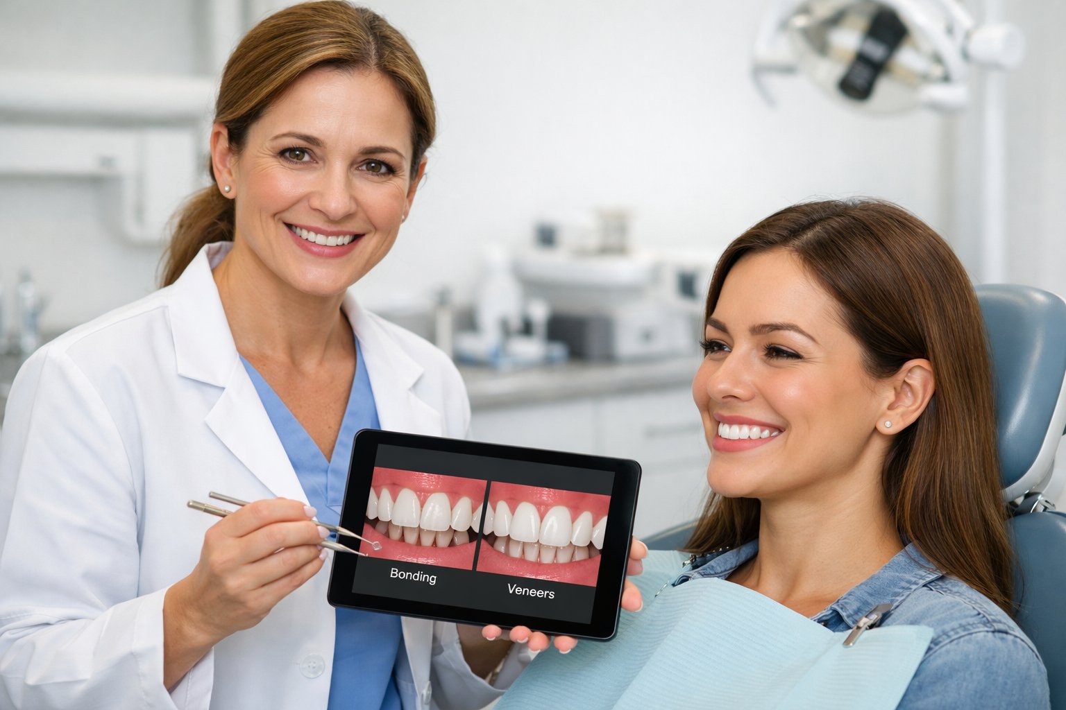 A dentist explaining dental treatment options to a smiling patient in a modern dental clinic.