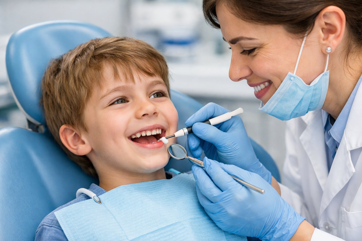 A young child sitting in a dental chair while a dentist applies a dental sealant to their teeth.